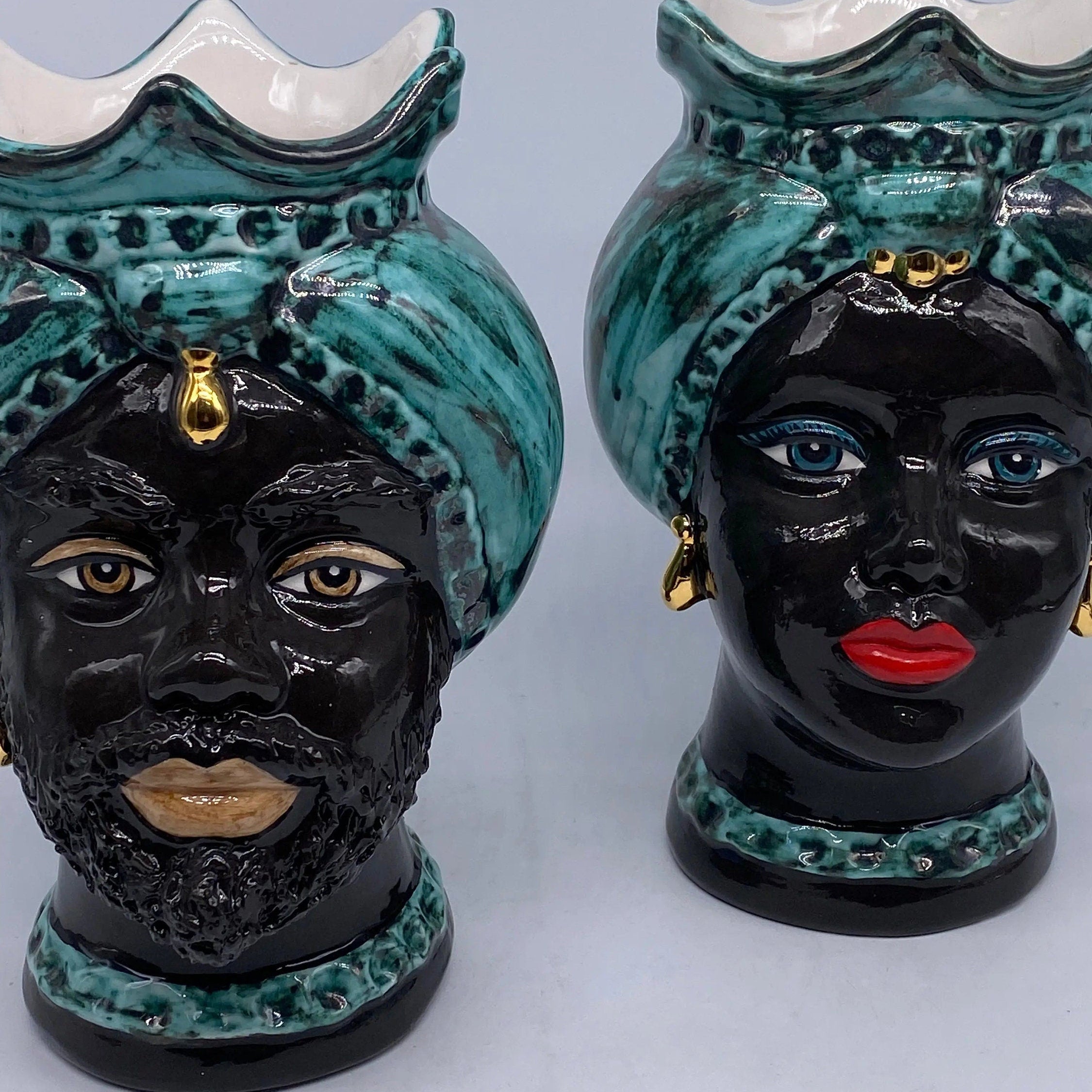 Teste di Moro Luis Ceramica Caltagirone cm H.22 L.15 Artigianale Turbante Liscio Verde Nero Oro DD CERAMICHE SICILIANE