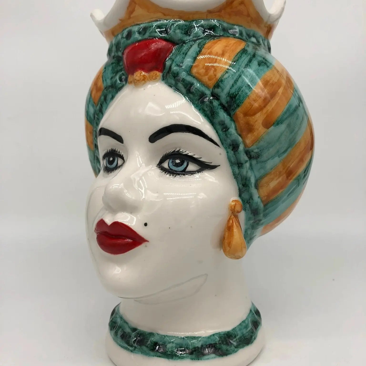 Teste di Moro Luis Ceramica Caltagirone cm H.22 L.15 Artigianale Turbante Liscio Verde Ocra Rosso - DD CERAMICHE SICILIANE