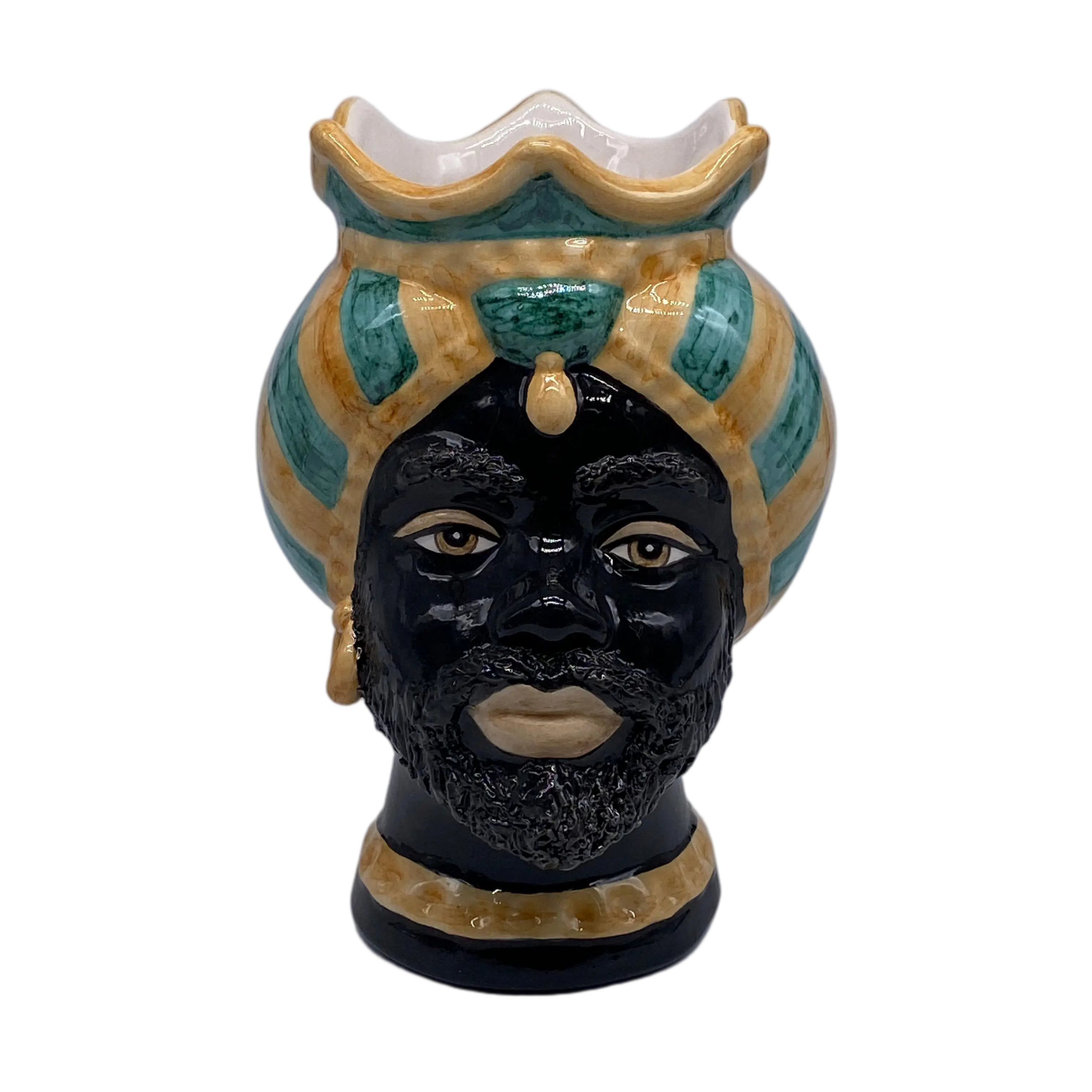 Teste di Moro Luis Ceramica Caltagirone cm H.22 L.15 Artigianale Turbante Liscio Ocra Verde DD CERAMICHE SICILIANE