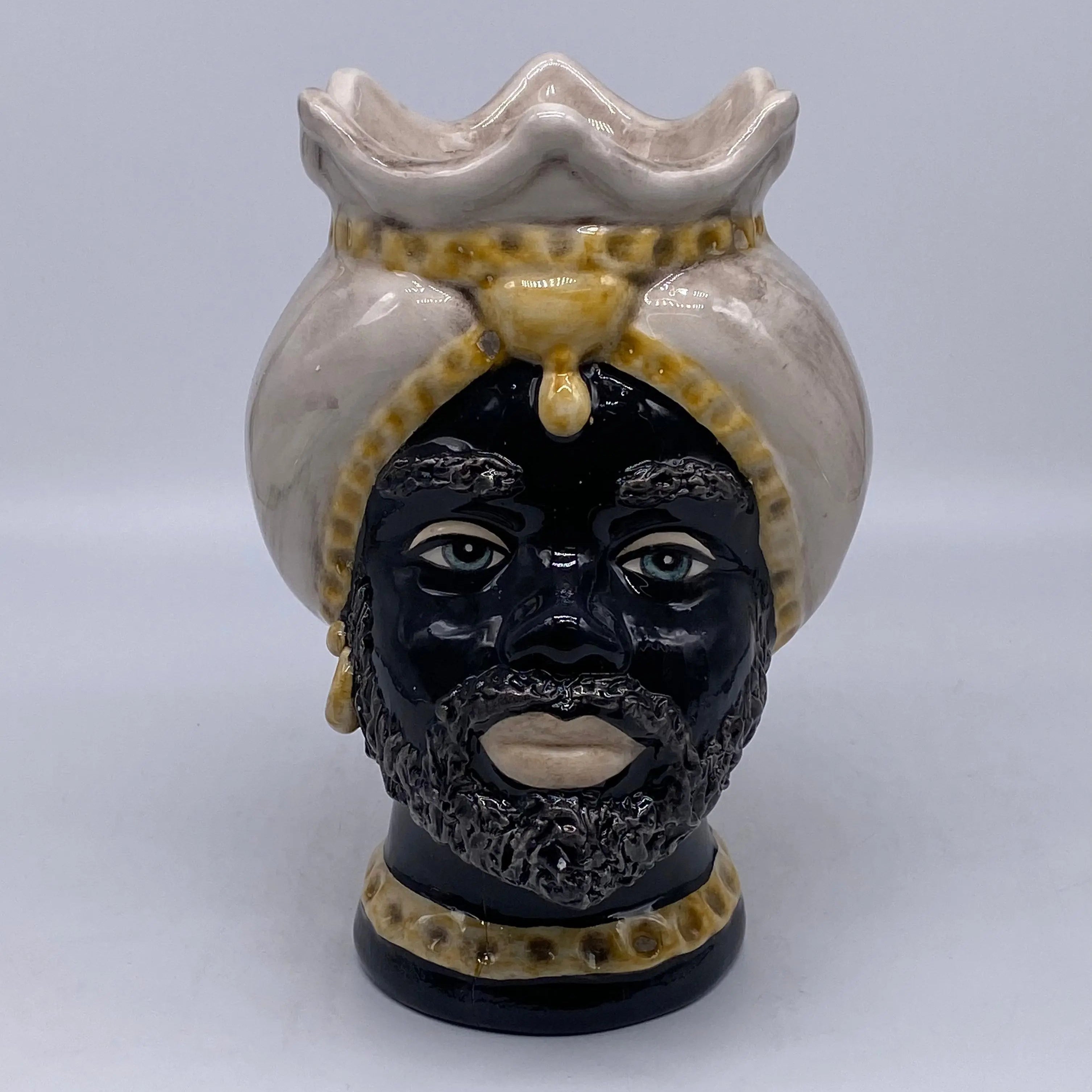 Teste di Moro Luis Ceramica Caltagirone cm H.22 L.15 Artigianale Turbante Liscio Écru Giallo DD CERAMICHE SICILIANE