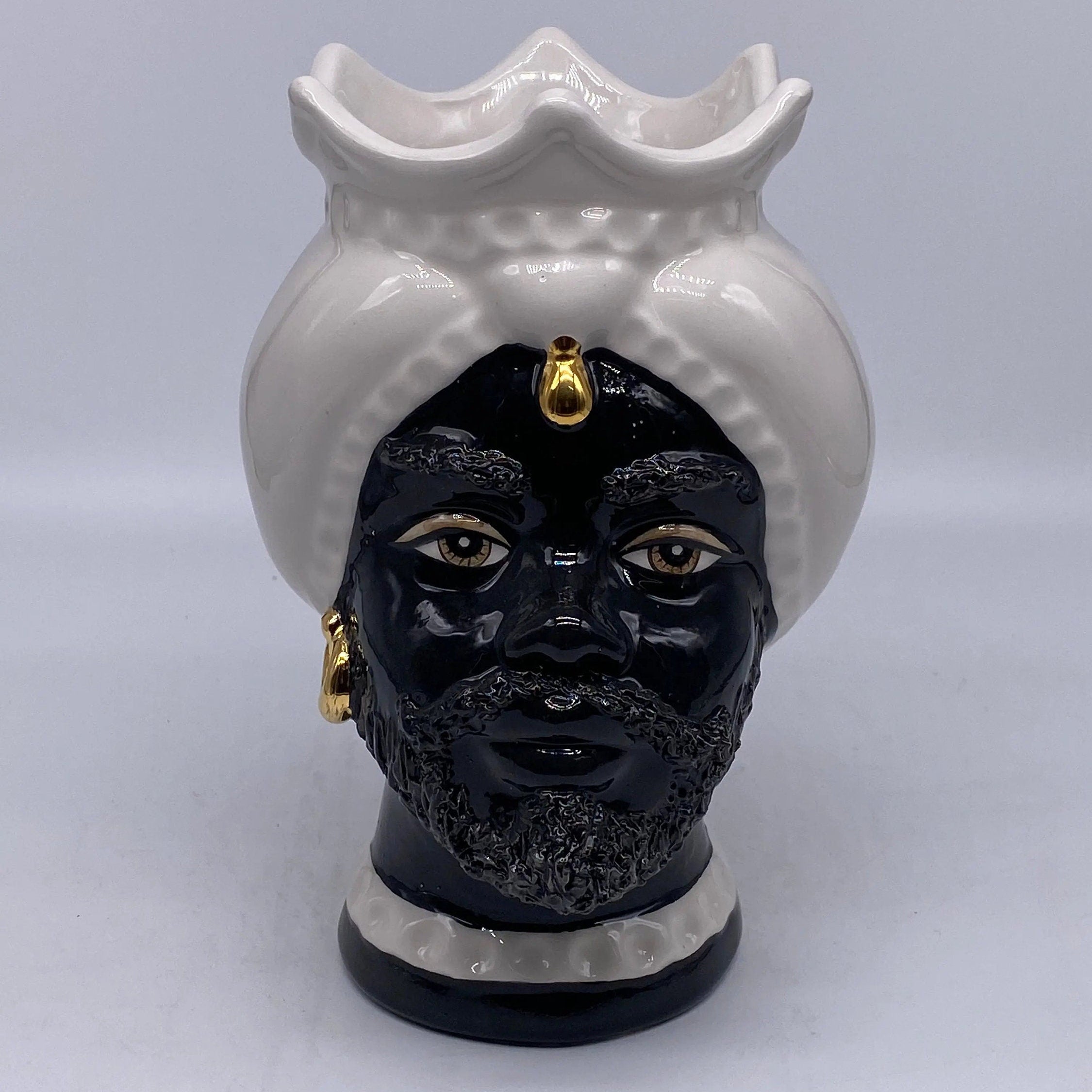 Teste di Moro Luis Ceramica Caltagirone cm H.22 L.15 Artigianale Turbante Liscio Bianco Nero Oro DD CERAMICHE SICILIANE