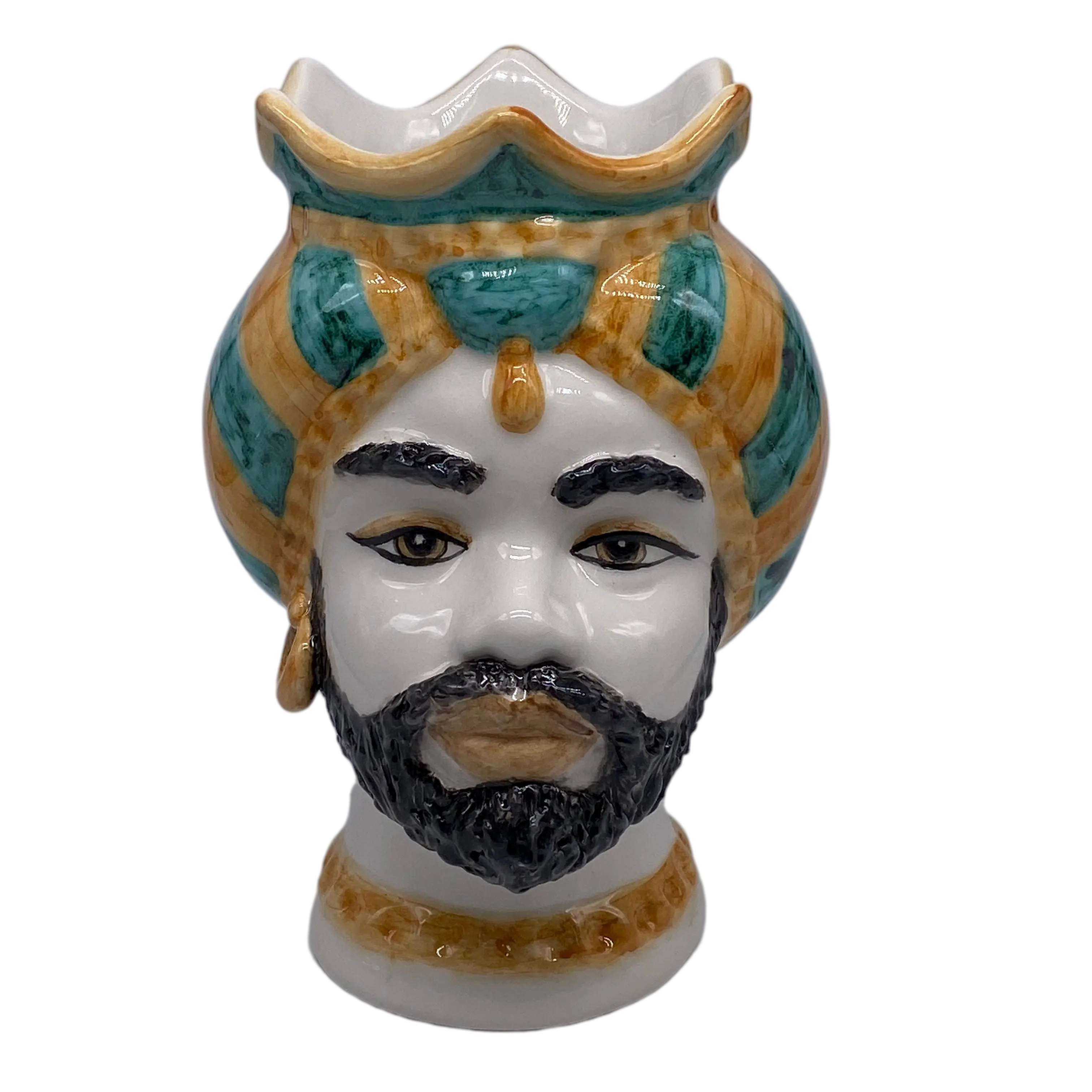 Teste di Moro Luis Ceramica Caltagirone cm H.22 L.15 Artigianale Turbante Liscio Ocra Verde DD CERAMICHE SICILIANE