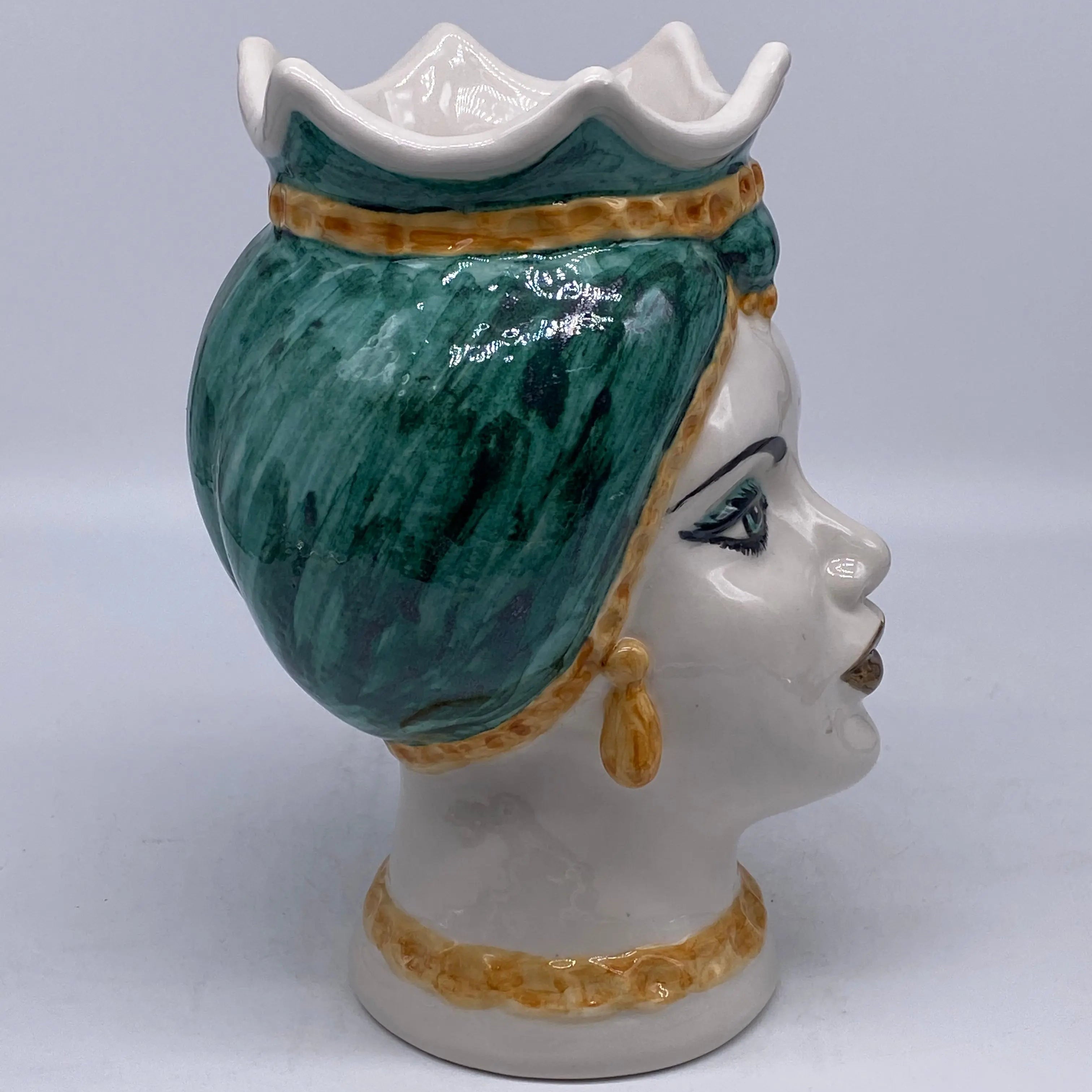 Teste di Moro Luis Ceramica Caltagirone cm H.22 L.15 Artigianale Turbante Liscio Verde Ocra DD CERAMICHE SICILIANE