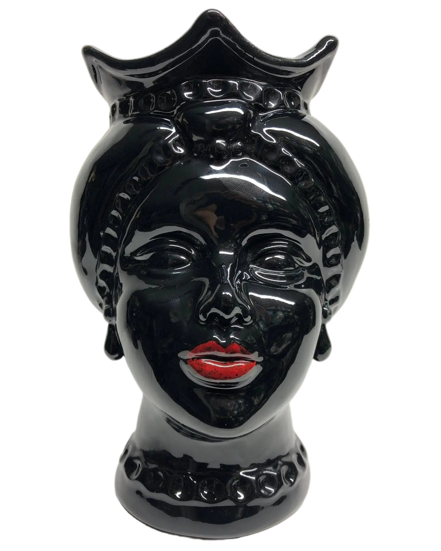 Teste di Moro Luis Ceramica Caltagirone cm H.22 L.15 Artigianale Turbante Liscio Nero Lucido - DD CERAMICHE SICILIANE