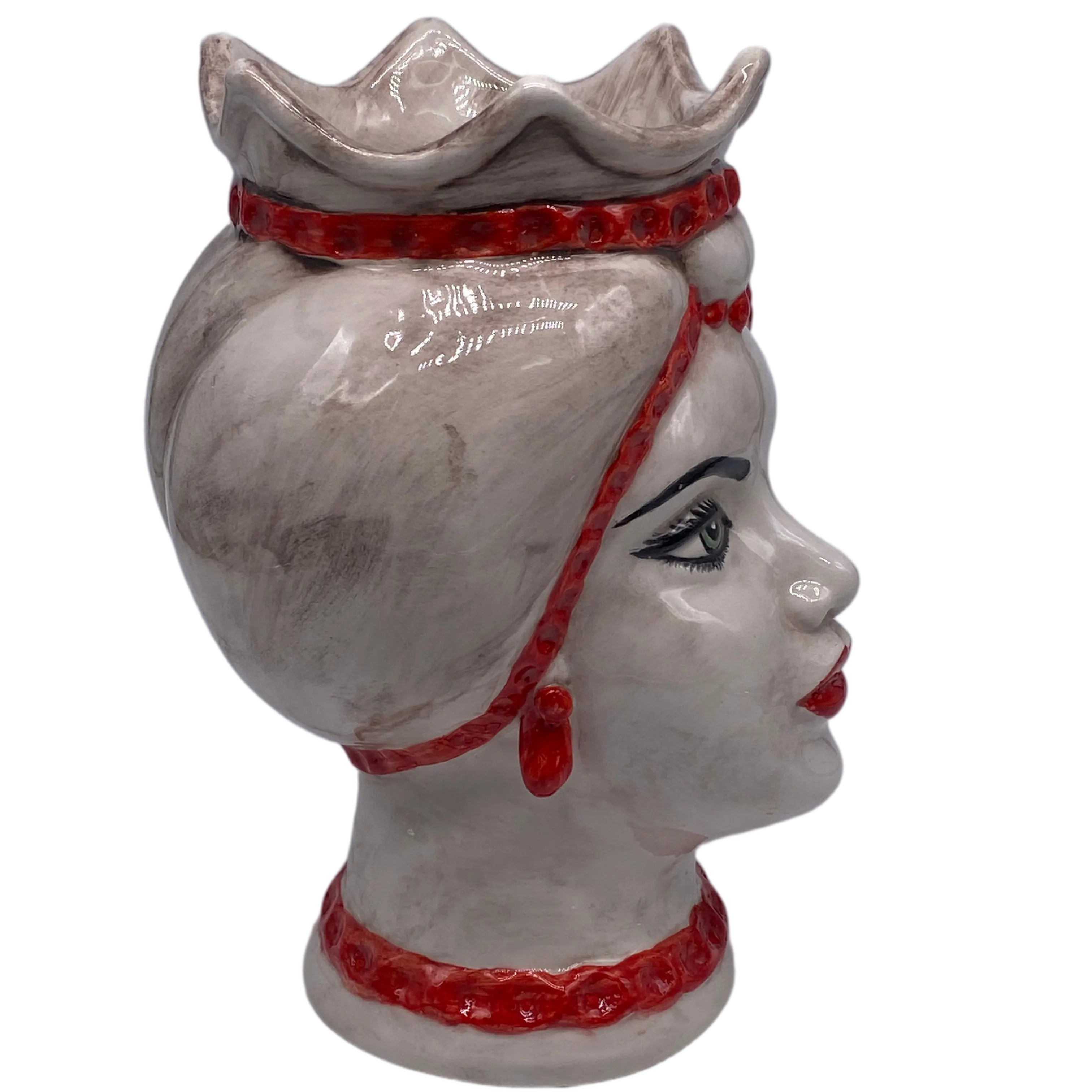 Teste di Moro Luis Ceramica Caltagirone cm H.22 L.15 Artigianale Turbante Liscio Écru Rosso DD CERAMICHE SICILIANE