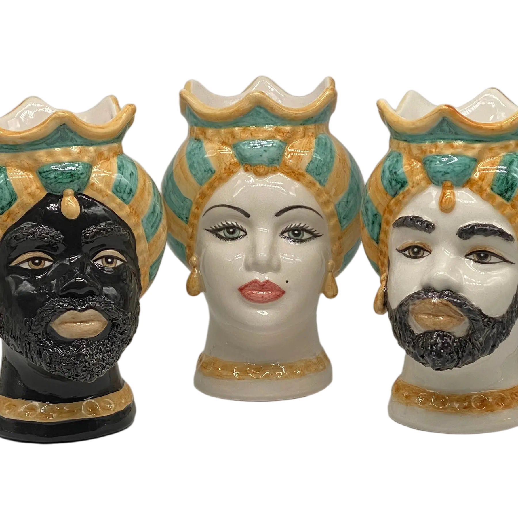 Teste di Moro Luis Ceramica Caltagirone cm H.22 L.15 Artigianale Turbante Liscio Ocra Verde DD CERAMICHE SICILIANE