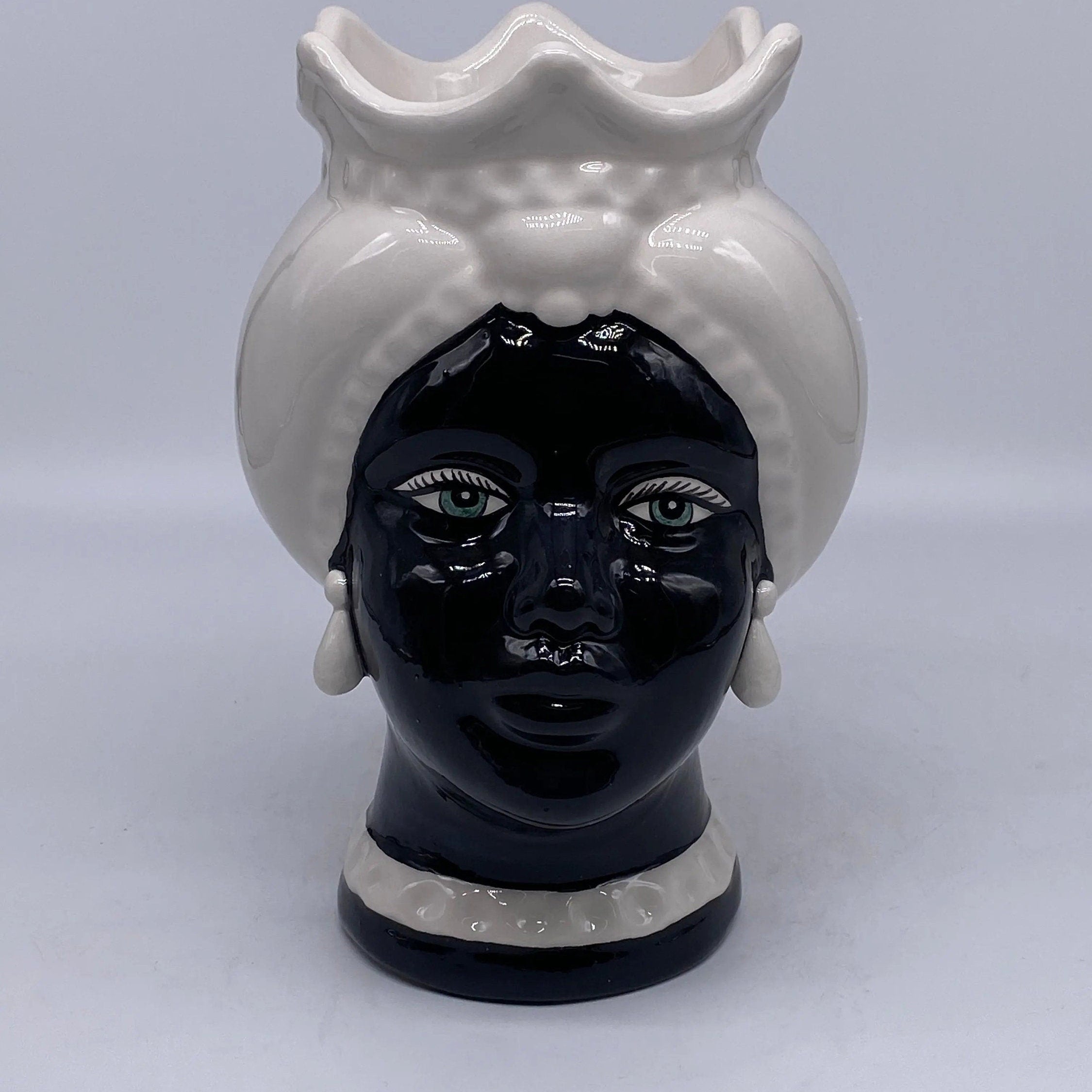 Teste di Moro Luis Ceramica Caltagirone cm H.22 L.15 Artigianale Turbante Liscio Bianco Nero DD CERAMICHE SICILIANE