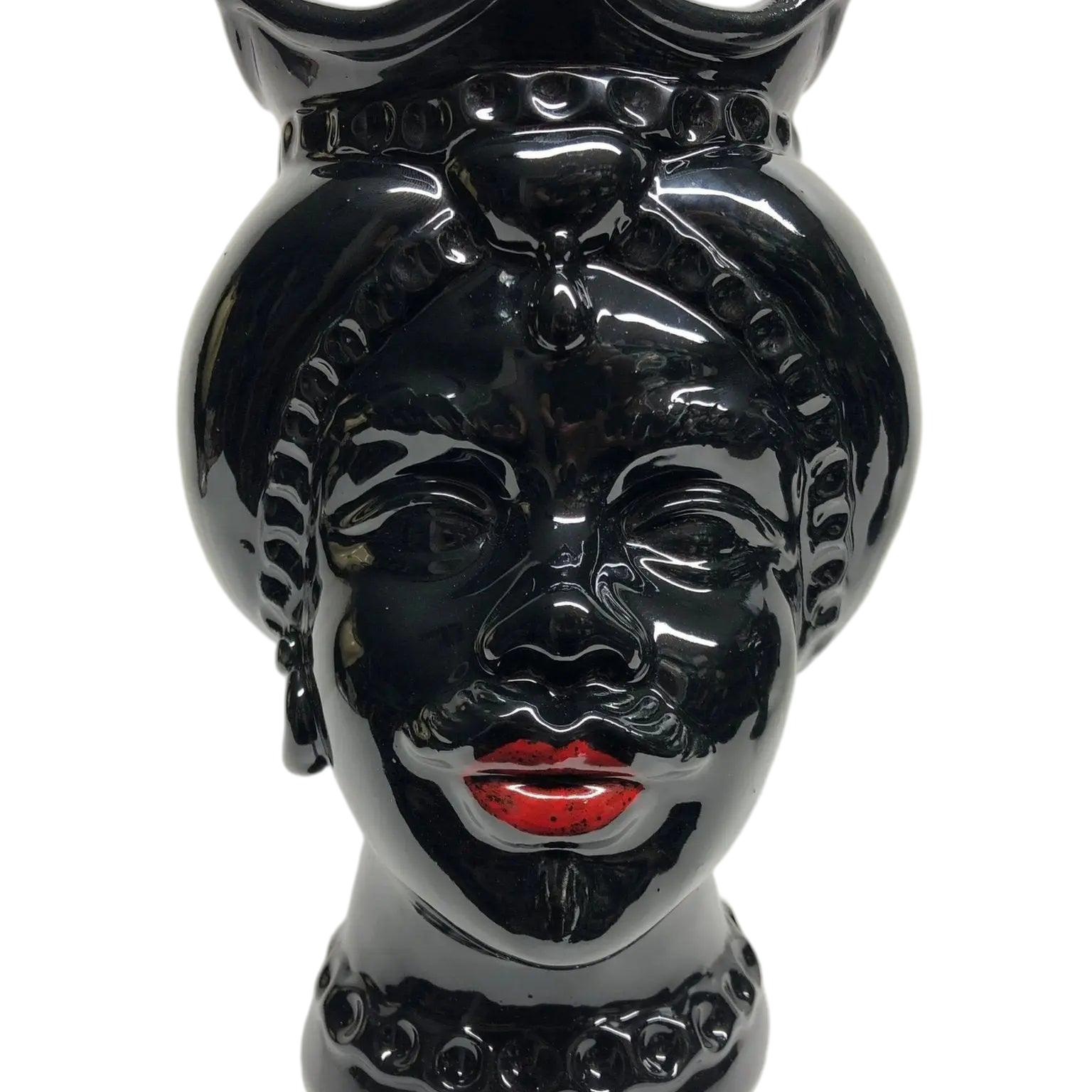 Teste di Moro Luis Ceramica Caltagirone cm H.22 L.15 Artigianale Turbante Liscio Nero Lucido - DD CERAMICHE SICILIANE
