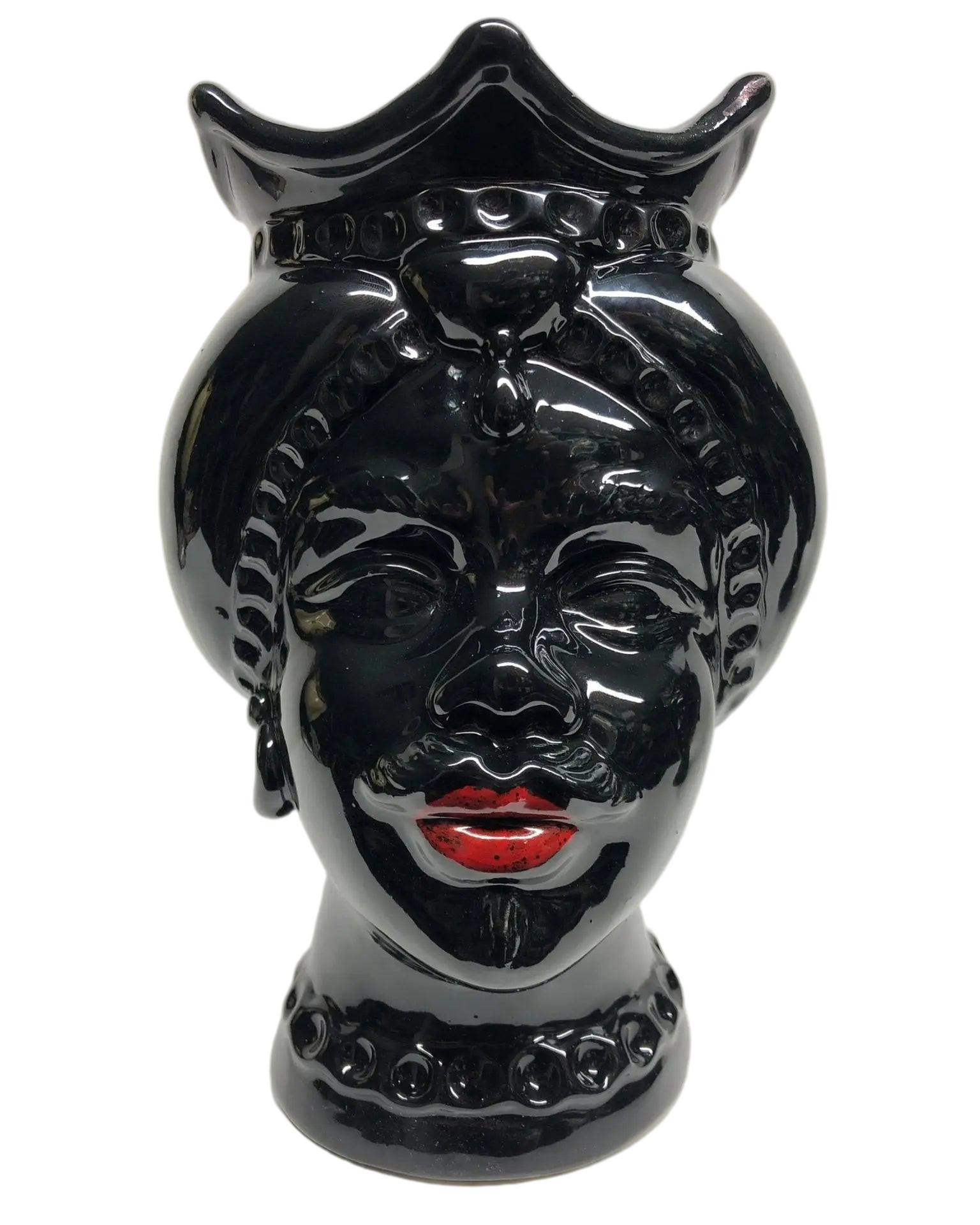 Teste di Moro Luis Ceramica Caltagirone cm H.22 L.15 Artigianale Turbante Liscio Nero Lucido - DD CERAMICHE SICILIANE