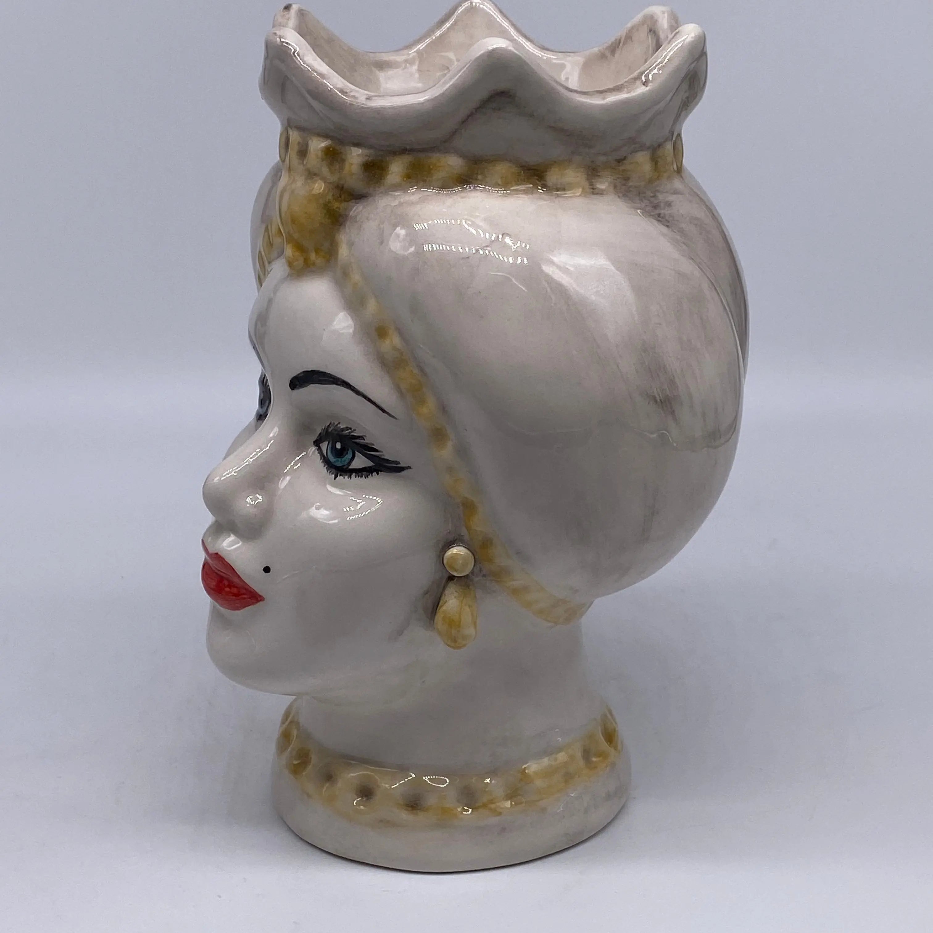 Teste di Moro Luis Ceramica Caltagirone cm H.22 L.15 Artigianale Turbante Liscio Écru Giallo DD CERAMICHE SICILIANE