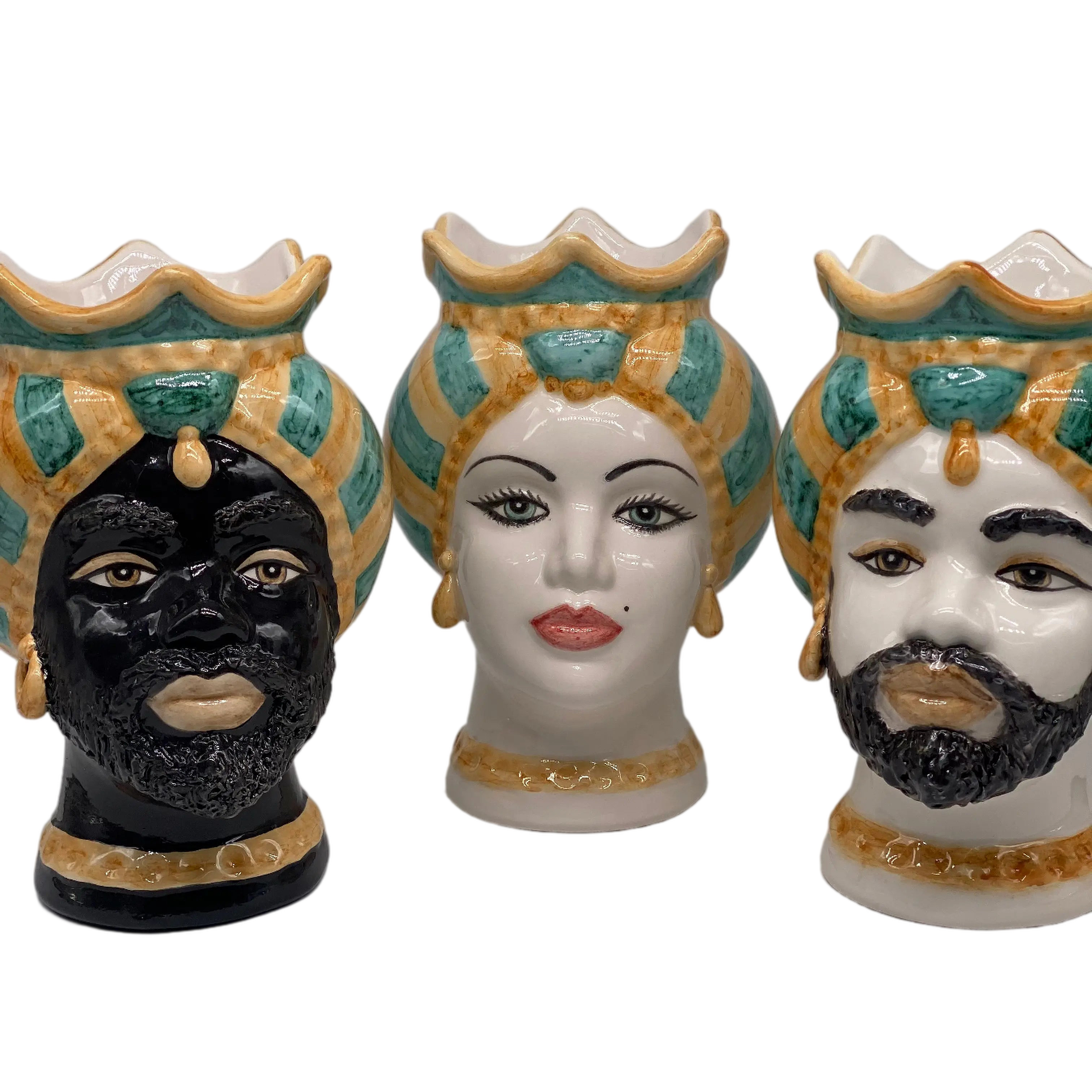 Teste di Moro Luis Ceramica Caltagirone cm H.22 L.15 Artigianale Turbante Liscio Ocra Verde DD CERAMICHE SICILIANE