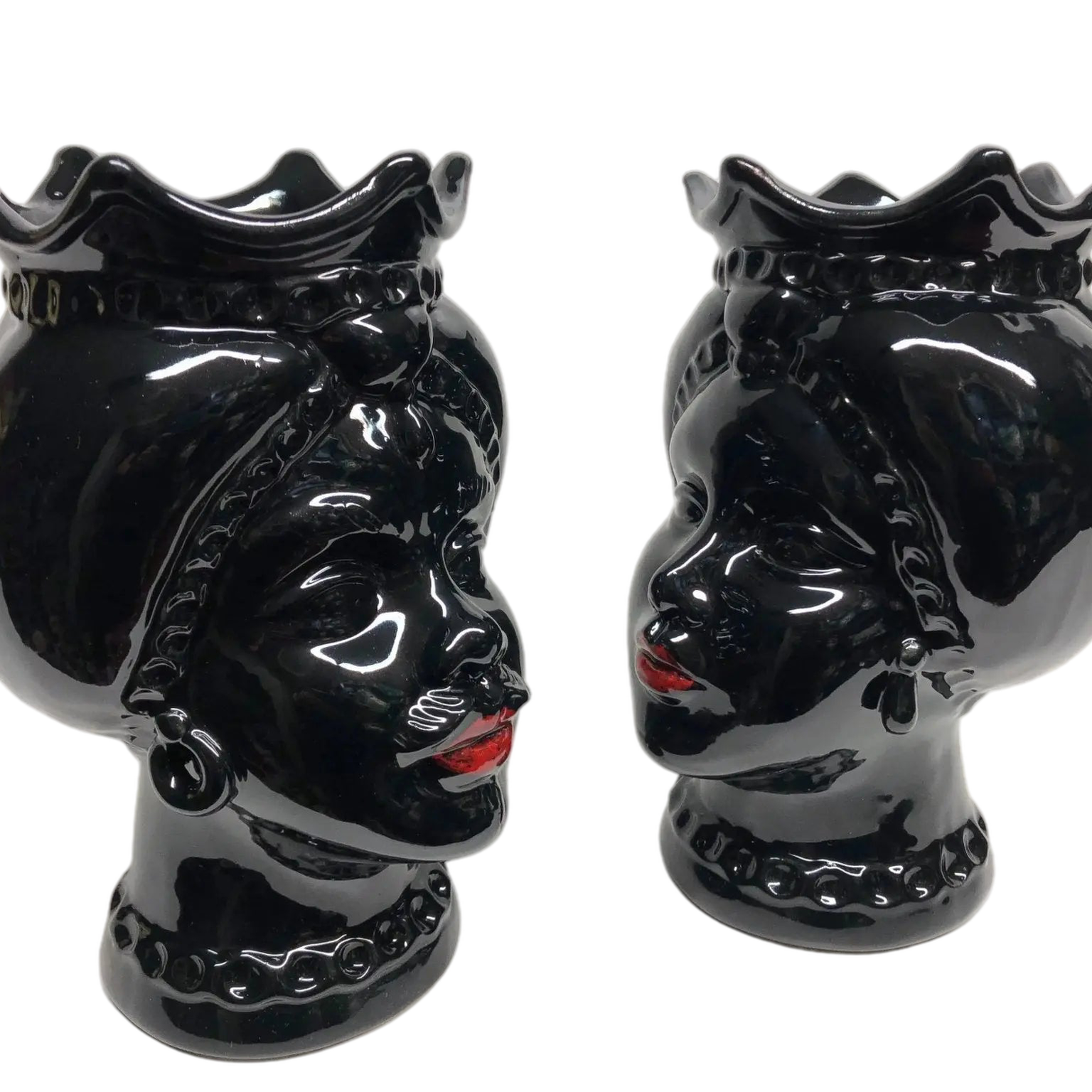 Teste di Moro Luis Ceramica Caltagirone cm H.22 L.15 Artigianale Turbante Liscio Nero Lucido - DD CERAMICHE SICILIANE