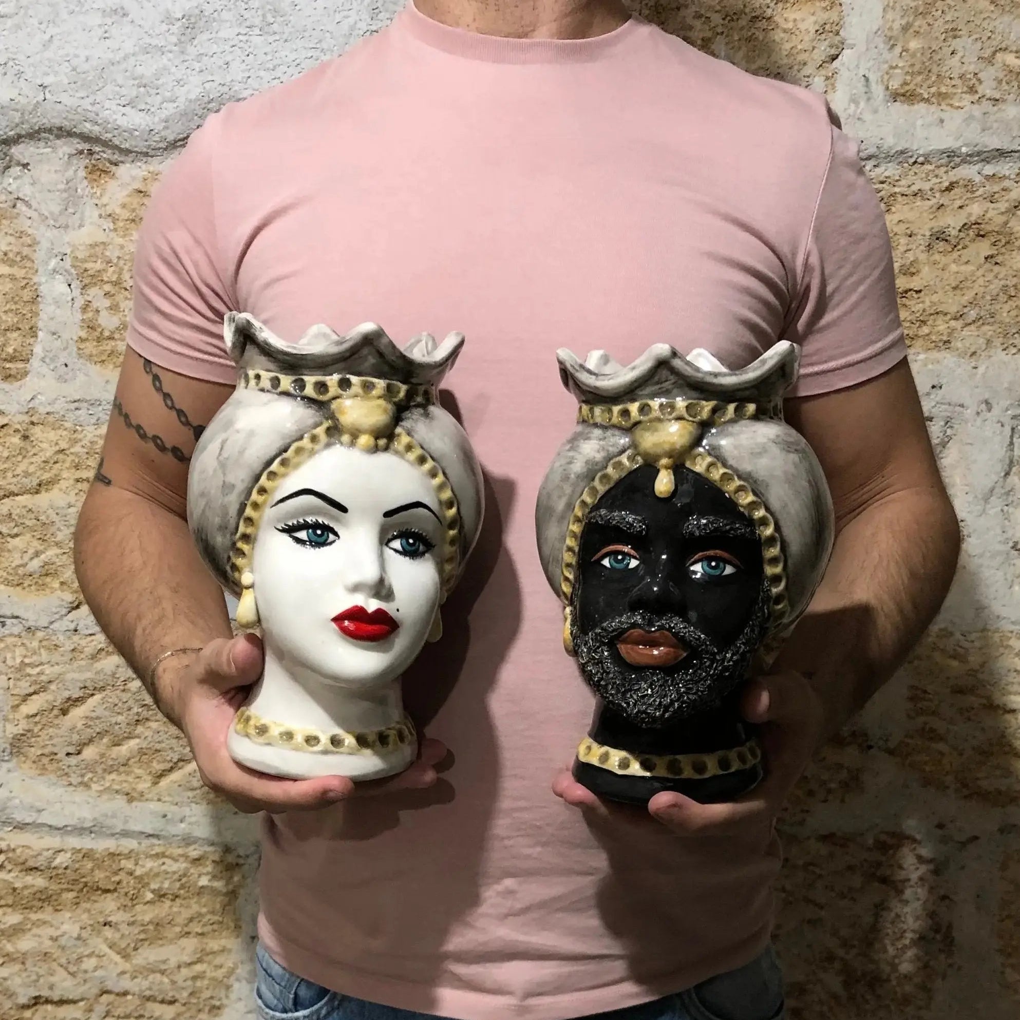 Teste di Moro Luis Ceramica Caltagirone cm H.22 L.15 Artigianale Turbante Liscio Écru Giallo - DD CERAMICHE SICILIANE