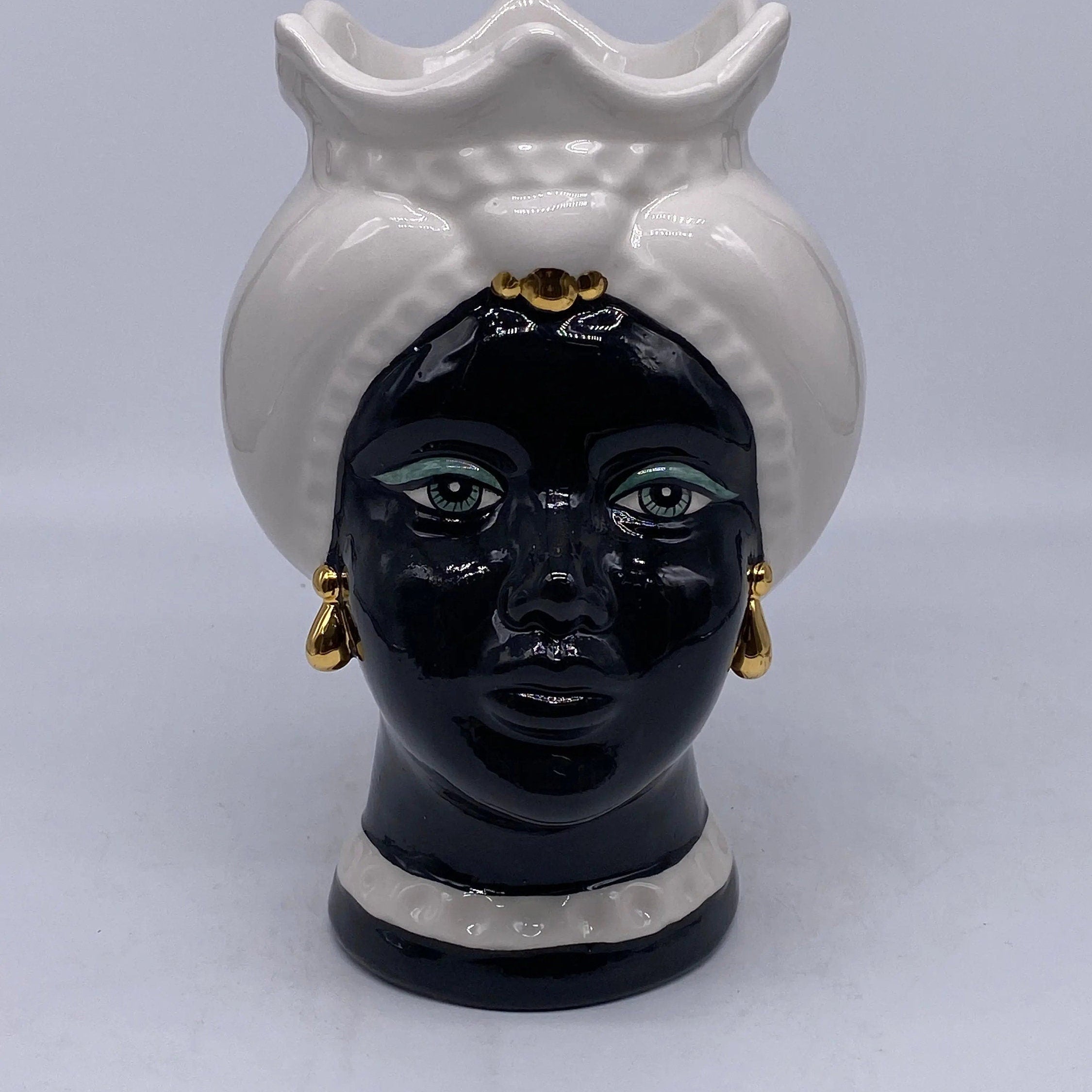 Teste di Moro Luis Ceramica Caltagirone cm H.22 L.15 Artigianale Turbante Liscio Bianco Nero Oro DD CERAMICHE SICILIANE