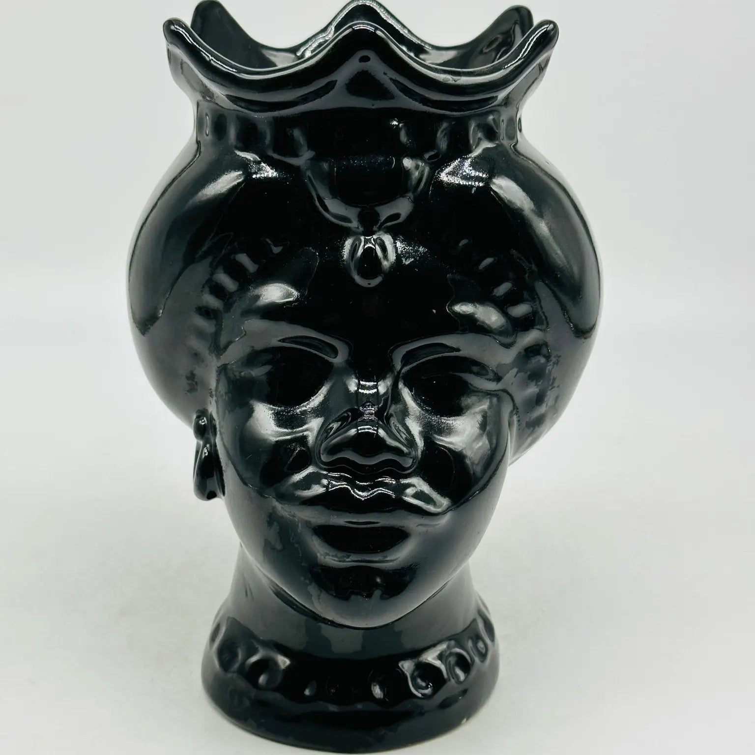 Teste di Moro Luis Ceramica Caltagirone cm H.22 L.15 Artigianale Turbante Nero Lucido - Uomo - TESTA DI MORO