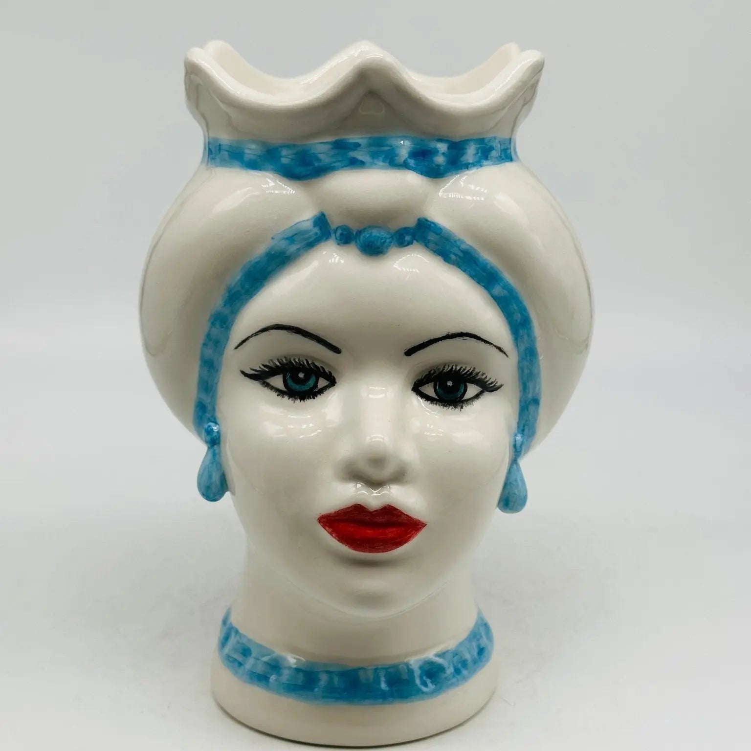 Teste di Moro Luis Ceramica Caltagirone cm H.22 L.15 Artigianale Turbante Liscio Bianco Celeste - Donna - TESTA DI MORO