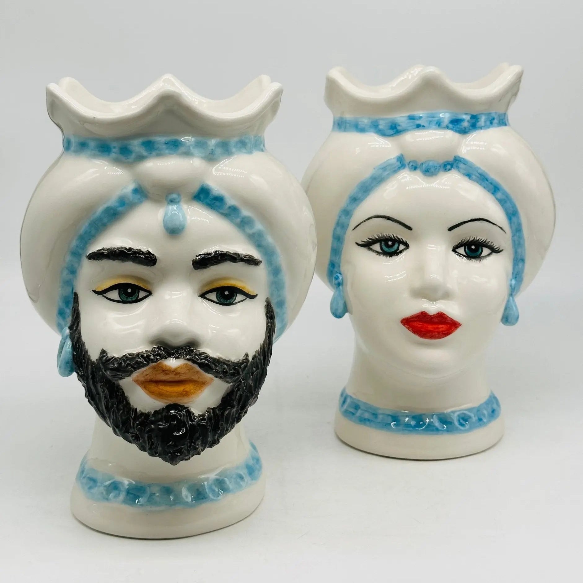 Teste di Moro Luis Ceramica Caltagirone cm H.22 L.15 Artigianale Turbante Liscio Bianco Celeste - TESTA DI MORO