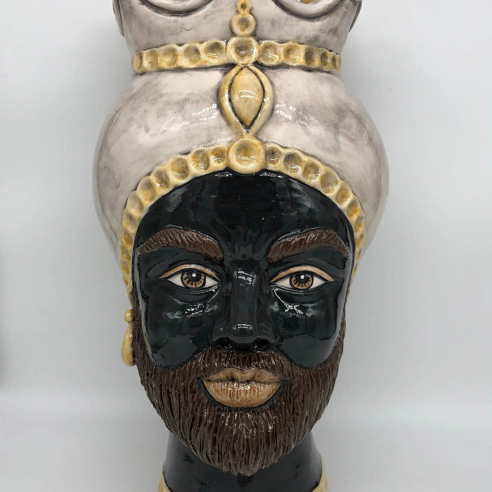 Teste di Moro Luis Ceramica Caltagirone cm H.44 L.23 Artigianale Turbante Liscio Écru Giallo DD CERAMICHE SICILIANE