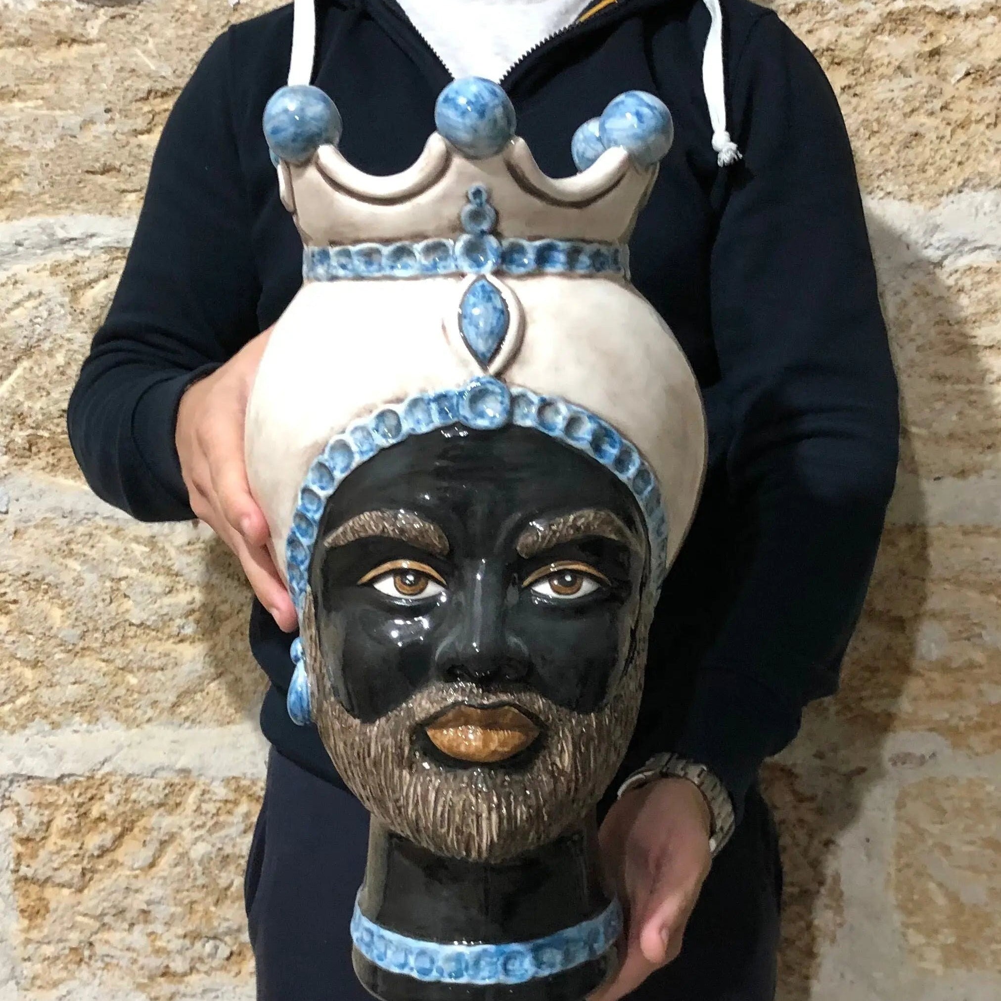 Teste di Moro Luis Ceramica Caltagirone cm H.44 L.23 Artigianale Turbante Liscio Écru Azzurro DD CERAMICHE SICILIANE