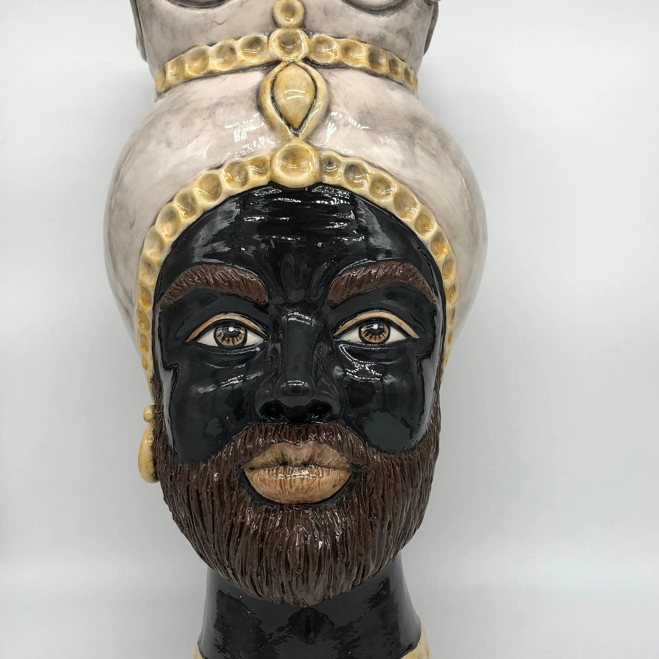 Teste di Moro Luis Ceramica Caltagirone cm H.44 L.23 Artigianale Turbante Liscio Écru Giallo DD CERAMICHE SICILIANE