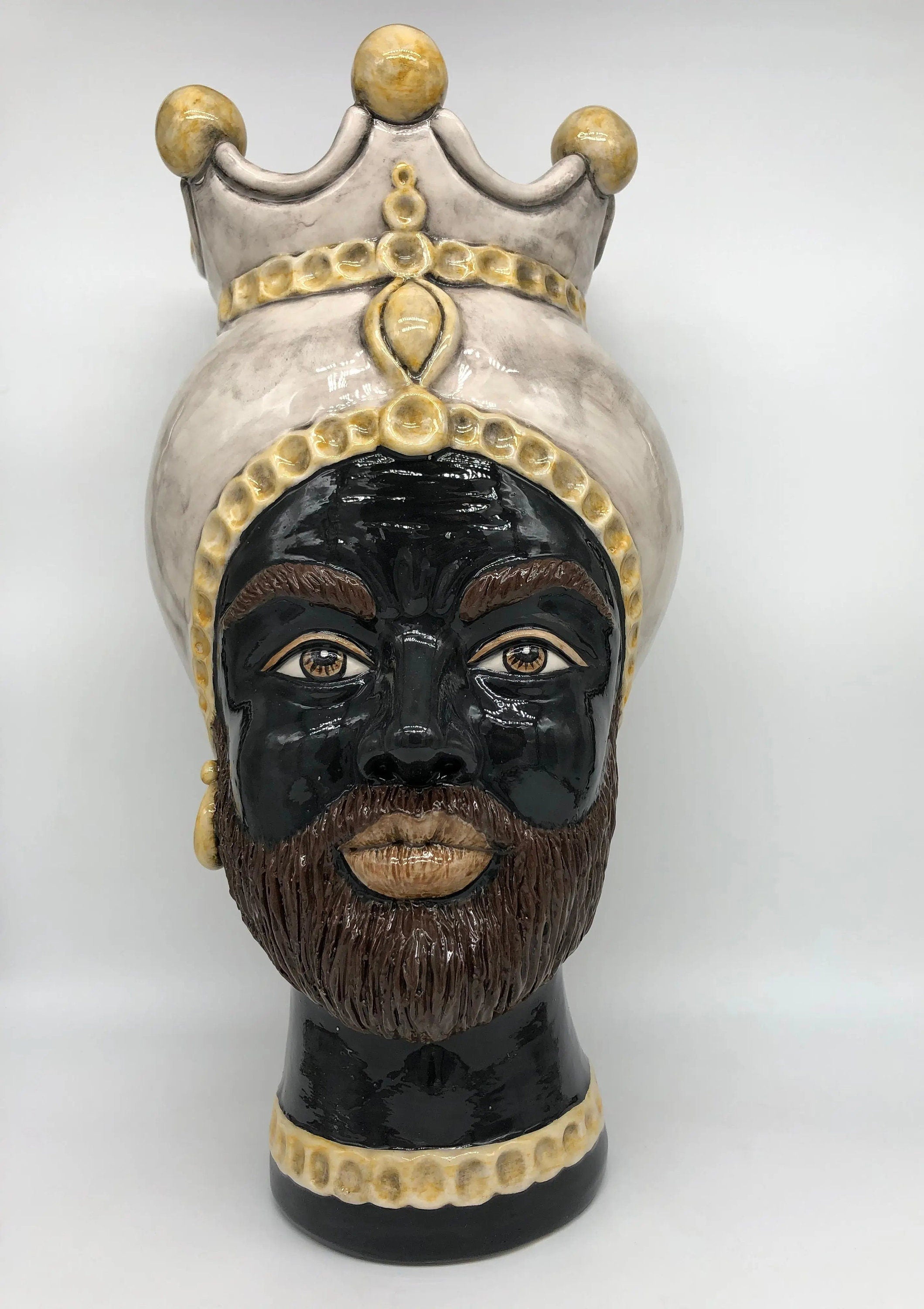 Teste di Moro Luis Ceramica Caltagirone cm H.44 L.23 Artigianale Turbante Liscio Écru Giallo DD CERAMICHE SICILIANE