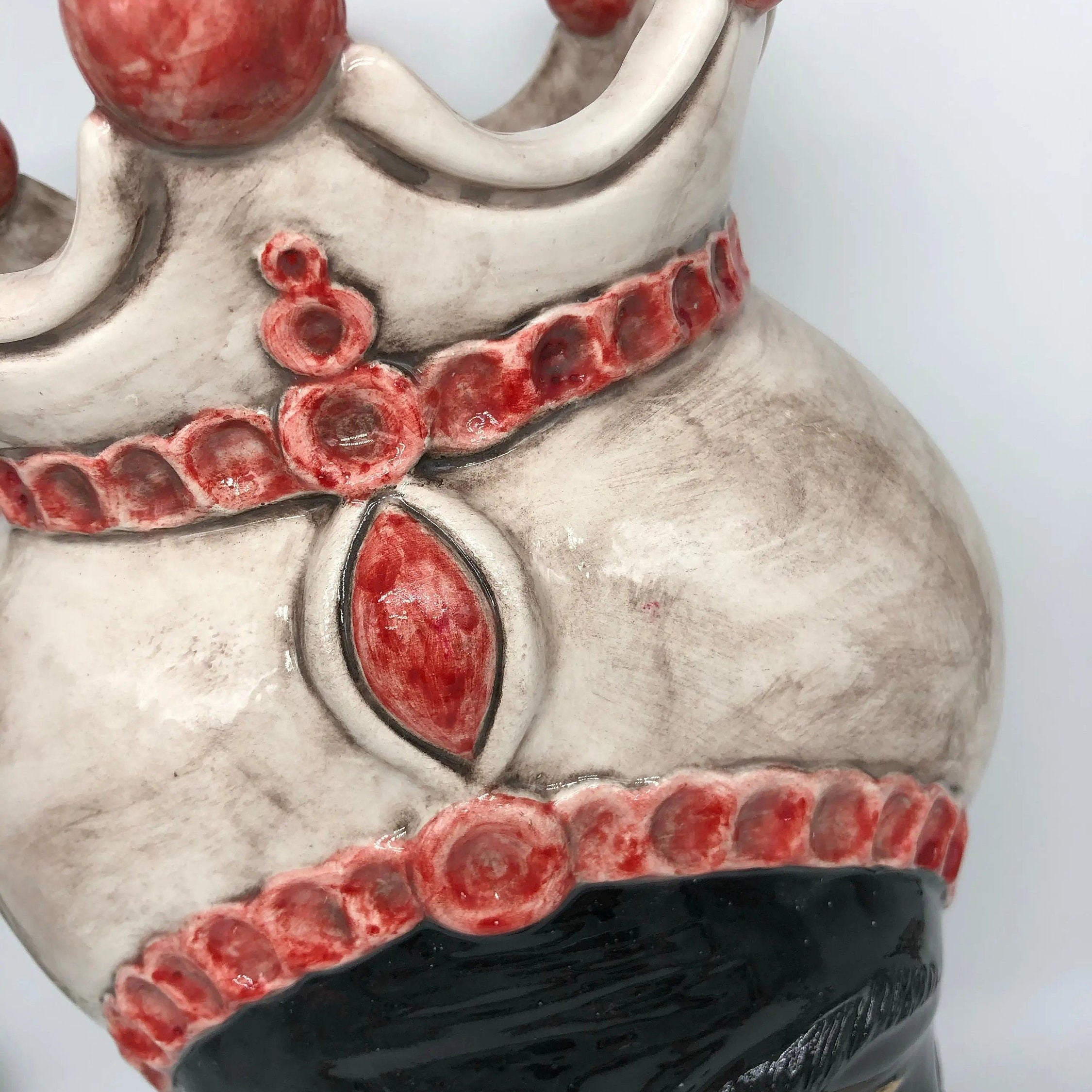 Teste di Moro Luis Ceramica Caltagirone cm H.44 L.23 Artigianale Turbante Liscio Écru Rosso DD CERAMICHE SICILIANE