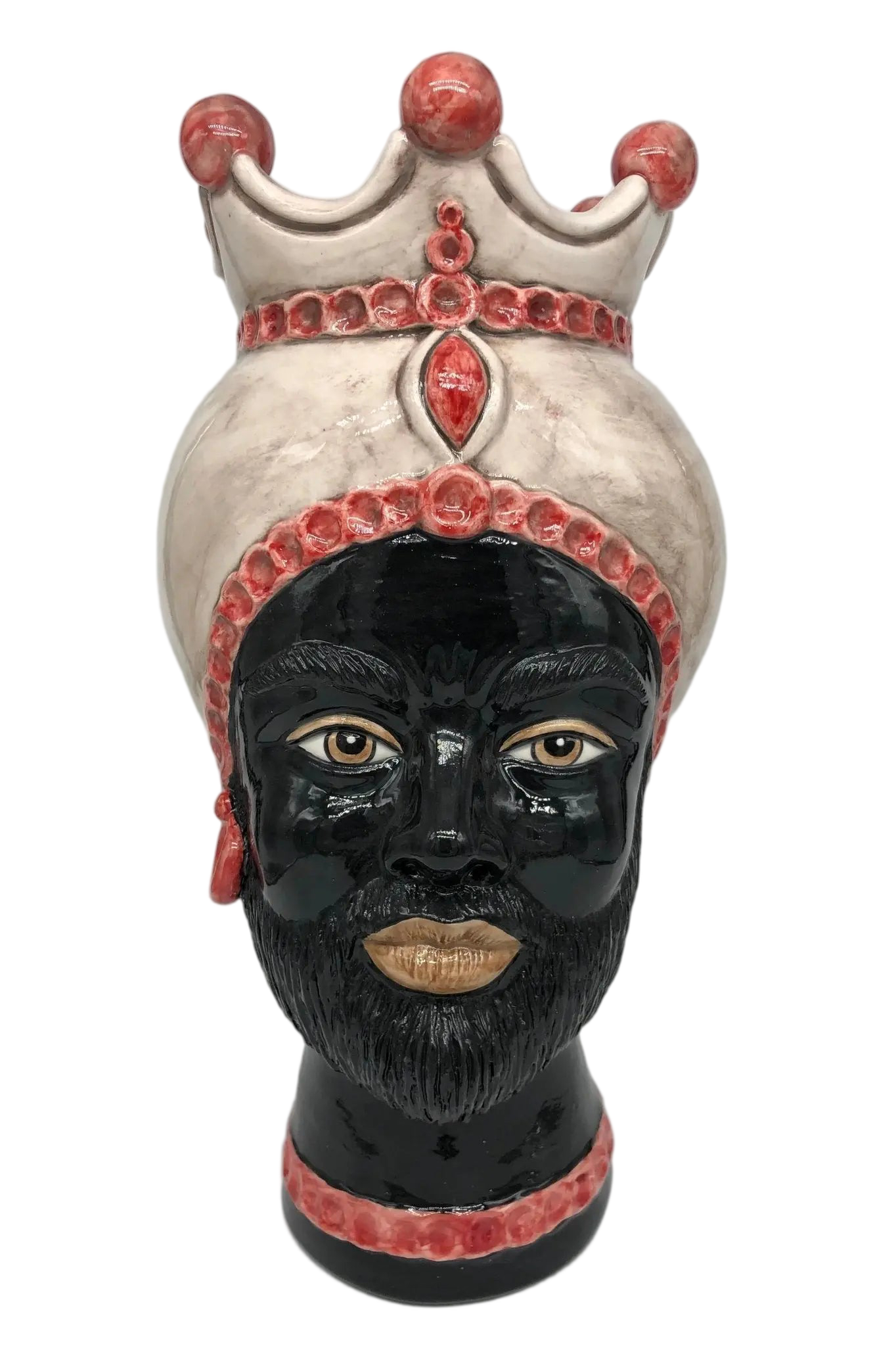 Teste di Moro Luis Ceramica Caltagirone cm H.44 L.23 Artigianale Turbante Liscio Écru Rosso - DD CERAMICHE SICILIANE