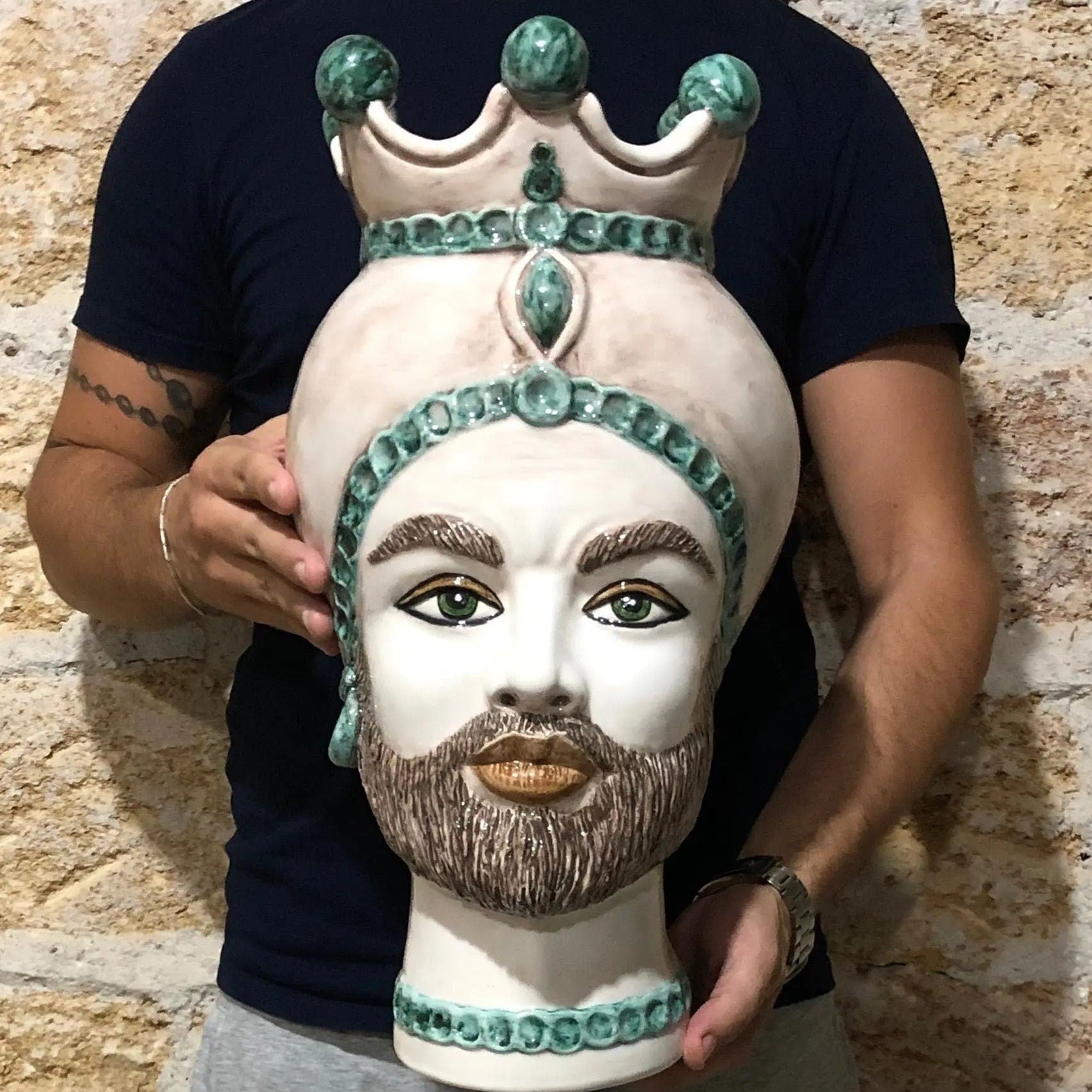 Teste di Moro Luis Ceramica Caltagirone cm H.44 L.23 Artigianale Turbante Liscio Écru Verde DD CERAMICHE SICILIANE