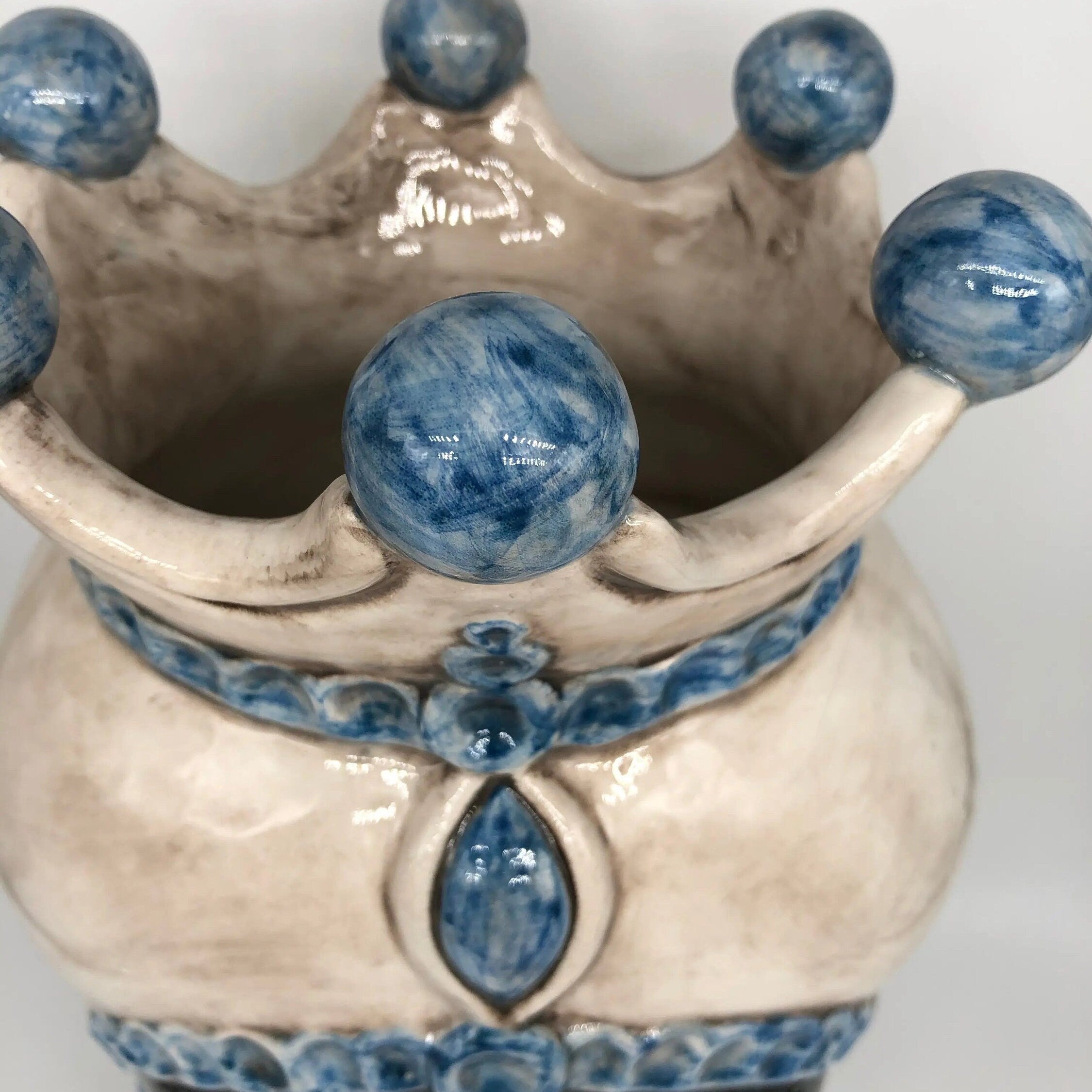 Teste di Moro Luis Ceramica Caltagirone cm H.44 L.23 Artigianale Turbante Liscio Écru Azzurro DD CERAMICHE SICILIANE