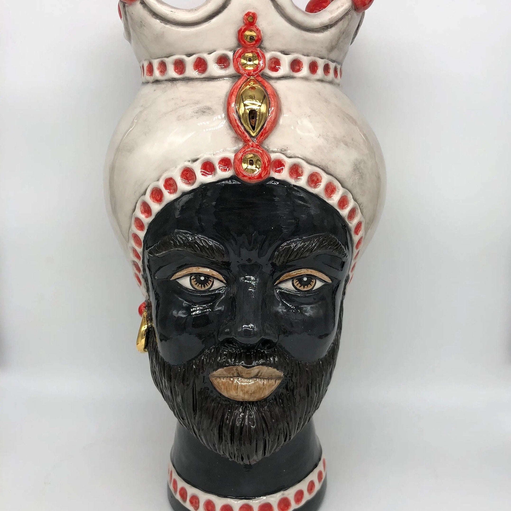 Teste di Moro Luis Ceramica Caltagirone cm H.44 L.23 Artigianale Turbante Liscio Écru Rosso Oro DD CERAMICHE SICILIANE
