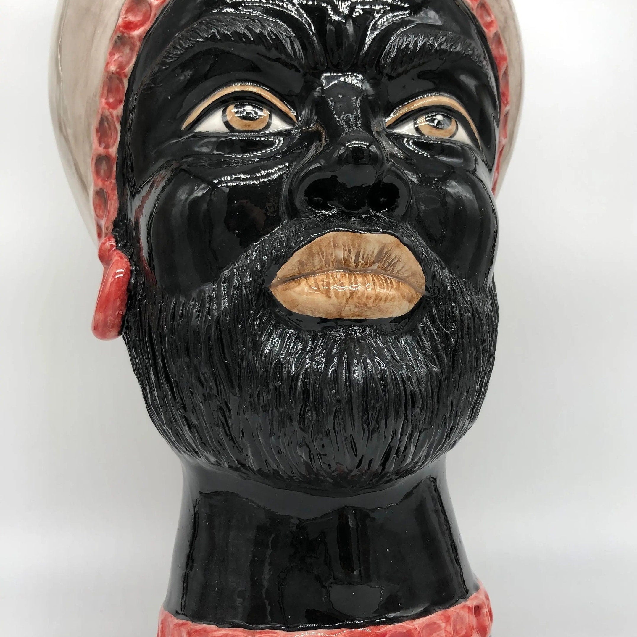 Teste di Moro Luis Ceramica Caltagirone cm H.44 L.23 Artigianale Turbante Liscio Écru Rosso DD CERAMICHE SICILIANE
