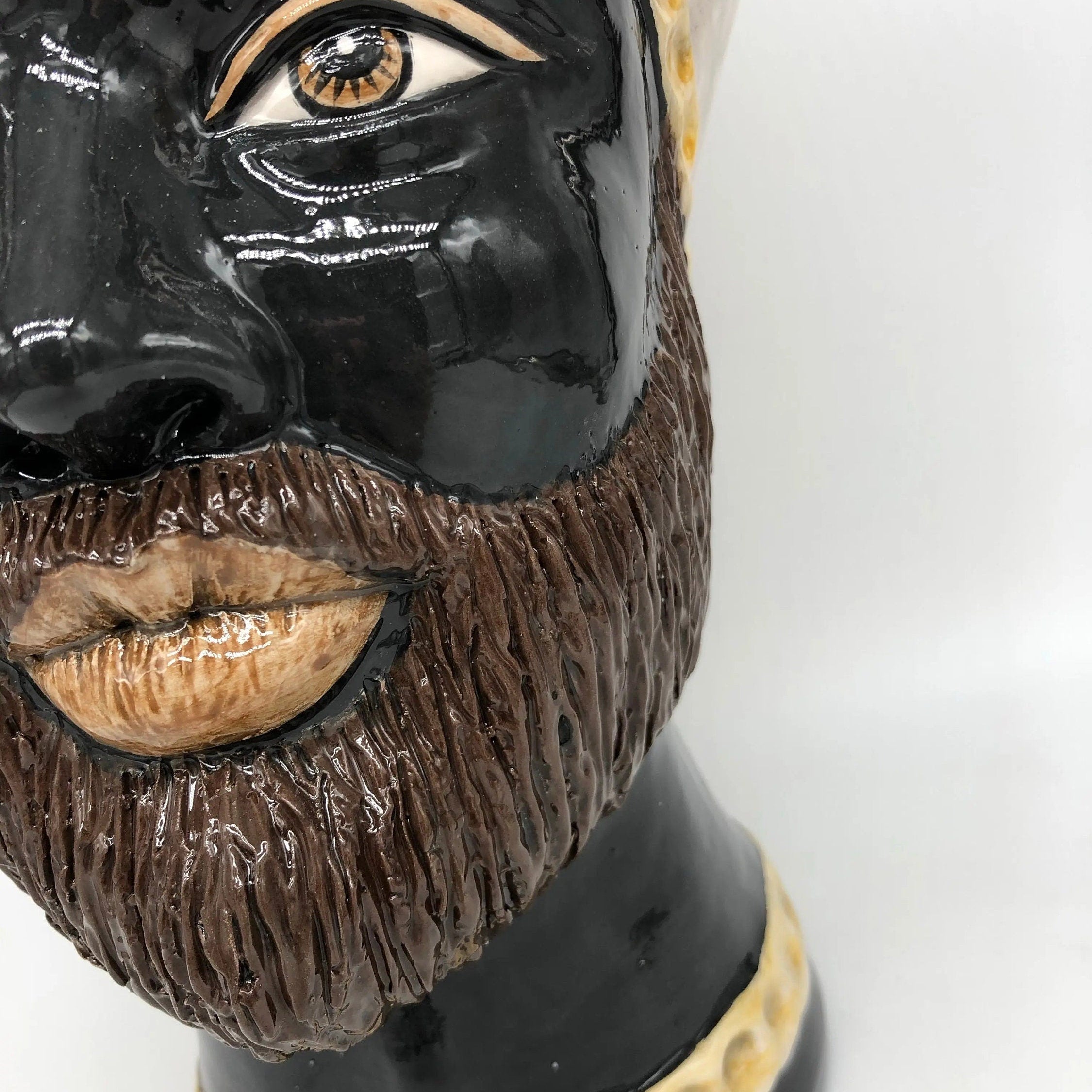 Teste di Moro Luis Ceramica Caltagirone cm H.44 L.23 Artigianale Turbante Liscio Écru Giallo DD CERAMICHE SICILIANE