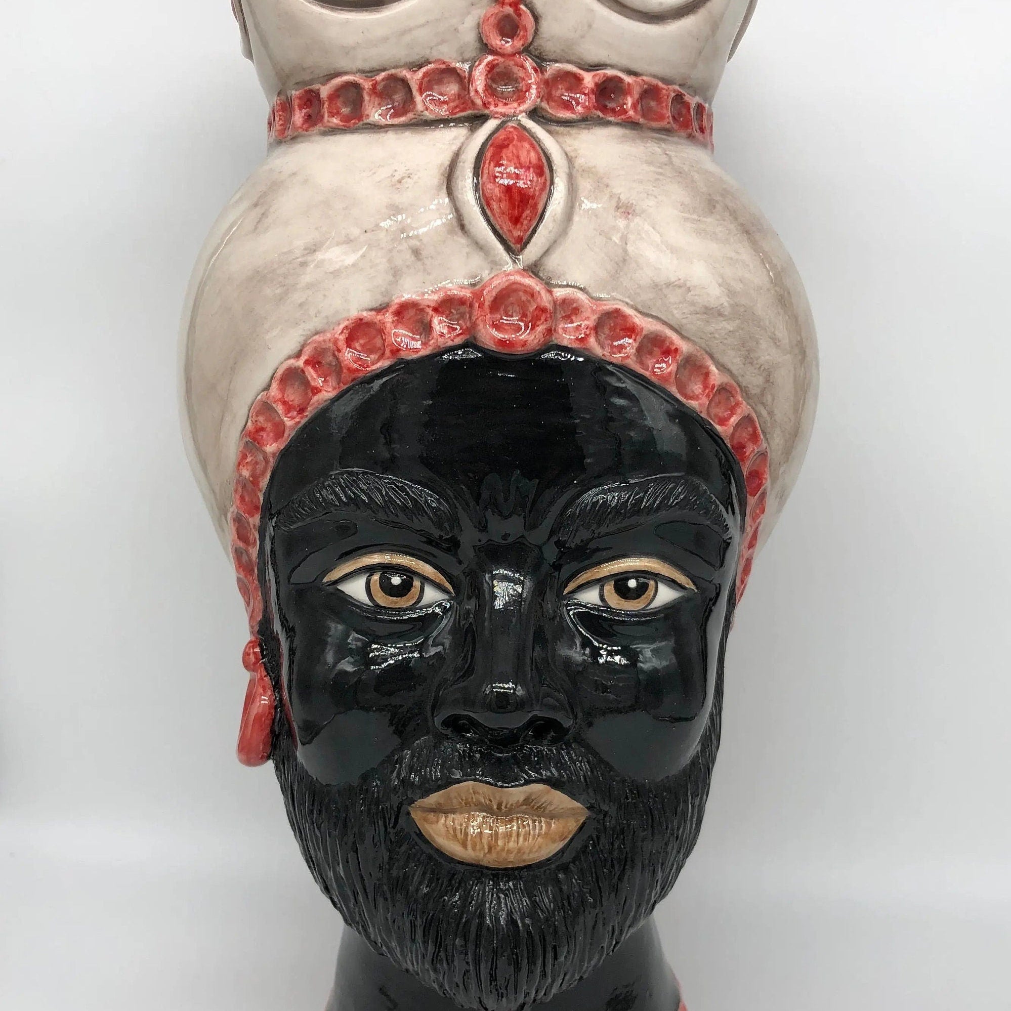 Teste di Moro Luis Ceramica Caltagirone cm H.44 L.23 Artigianale Turbante Liscio Écru Rosso DD CERAMICHE SICILIANE