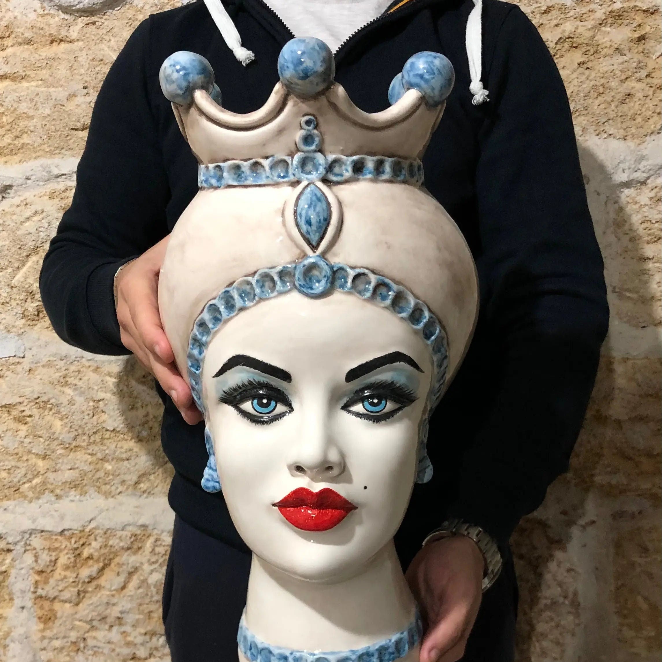 Teste di Moro Luis Ceramica Caltagirone cm H.44 L.23 Artigianale Turbante Liscio Écru Azzurro DD CERAMICHE SICILIANE