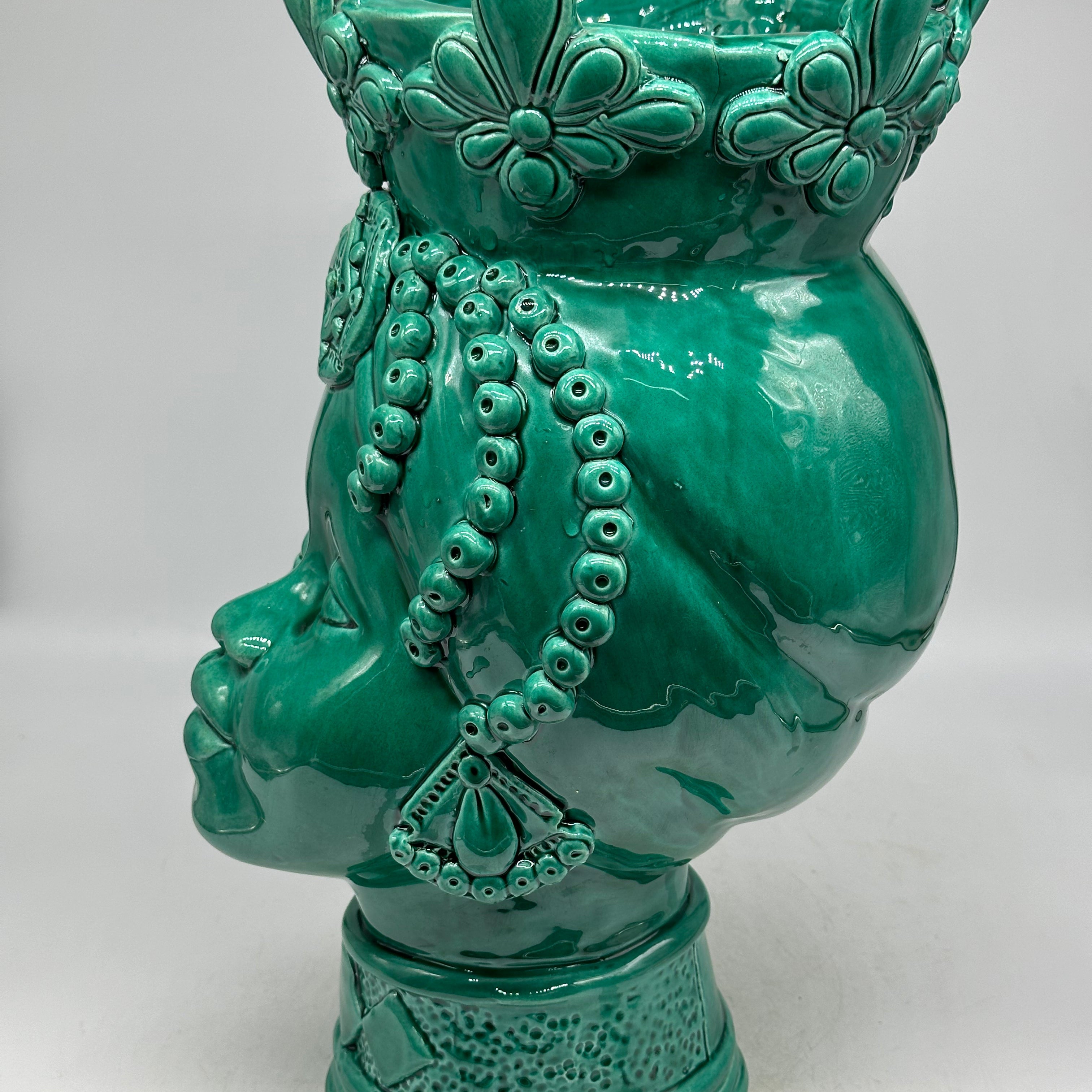 Teste di Moro Masai Ceramica Caltagirone cm H.38 L.21 Artigianale Verde - TESTE DI MORO