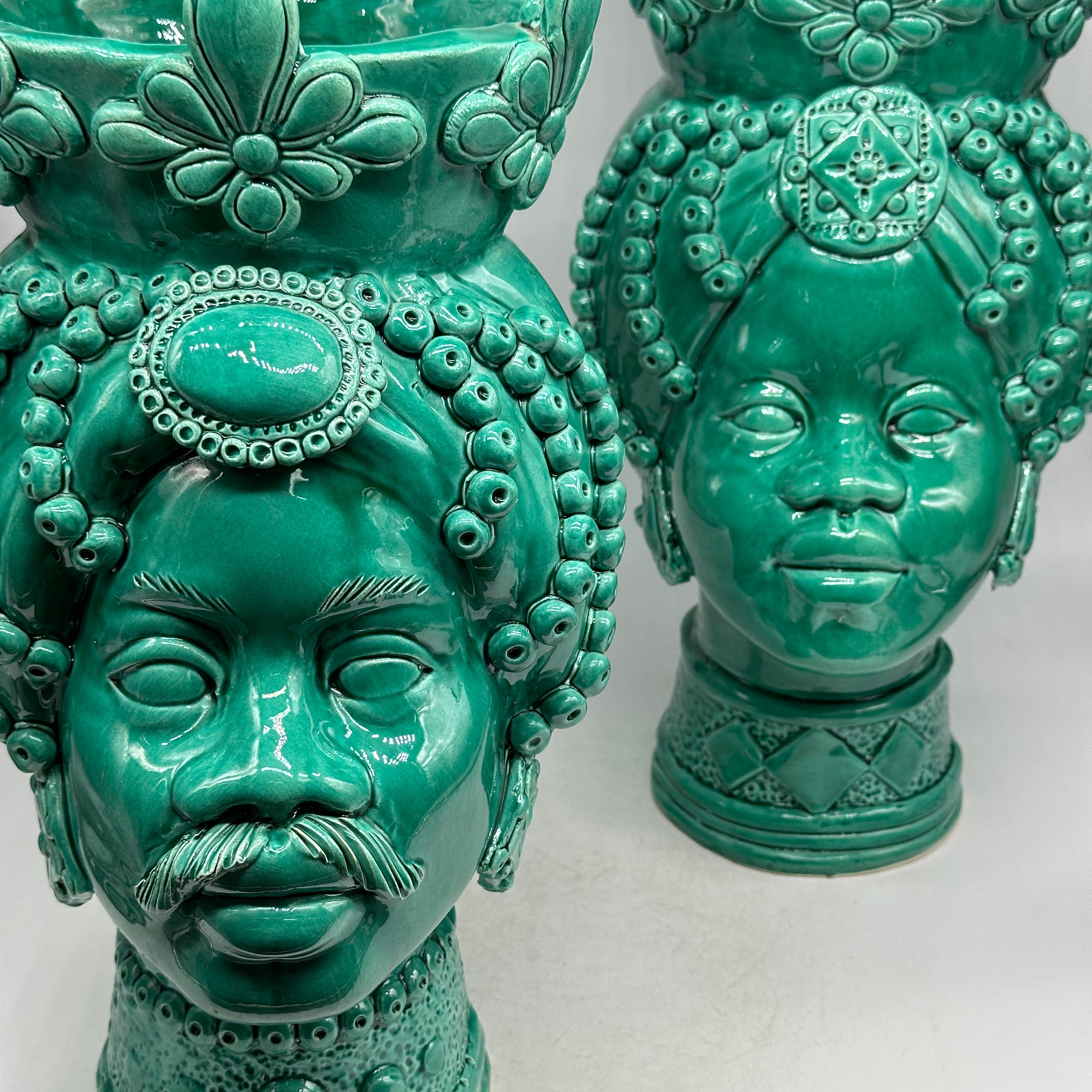 Teste di Moro Masai Ceramica Caltagirone cm H.38 L.21 Artigianale Verde - TESTE DI MORO