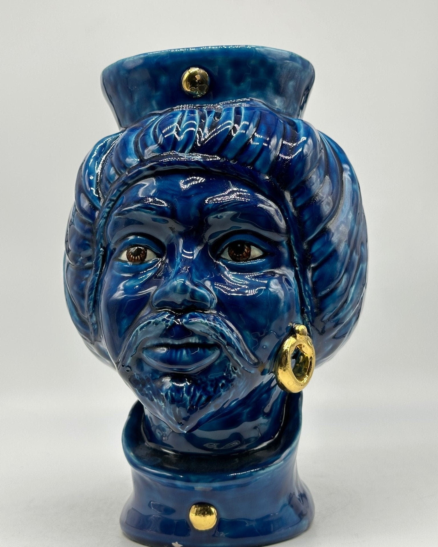 Teste di Moro Mediterraneo Ceramica Caltagirone cm H.29 L.22 Artigianale Blu Oro - DD CERAMICHE SICILIANE