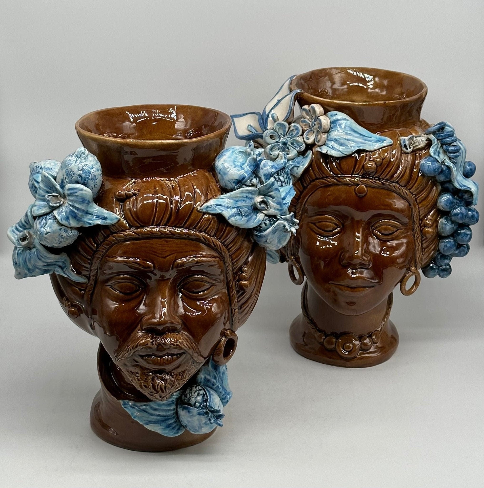 Teste di Moro Mediterraneo Ceramica Caltagirone cm H.29 L.22 Artigianale Marrone Azzurro - DD CERAMICHE SICILIANE