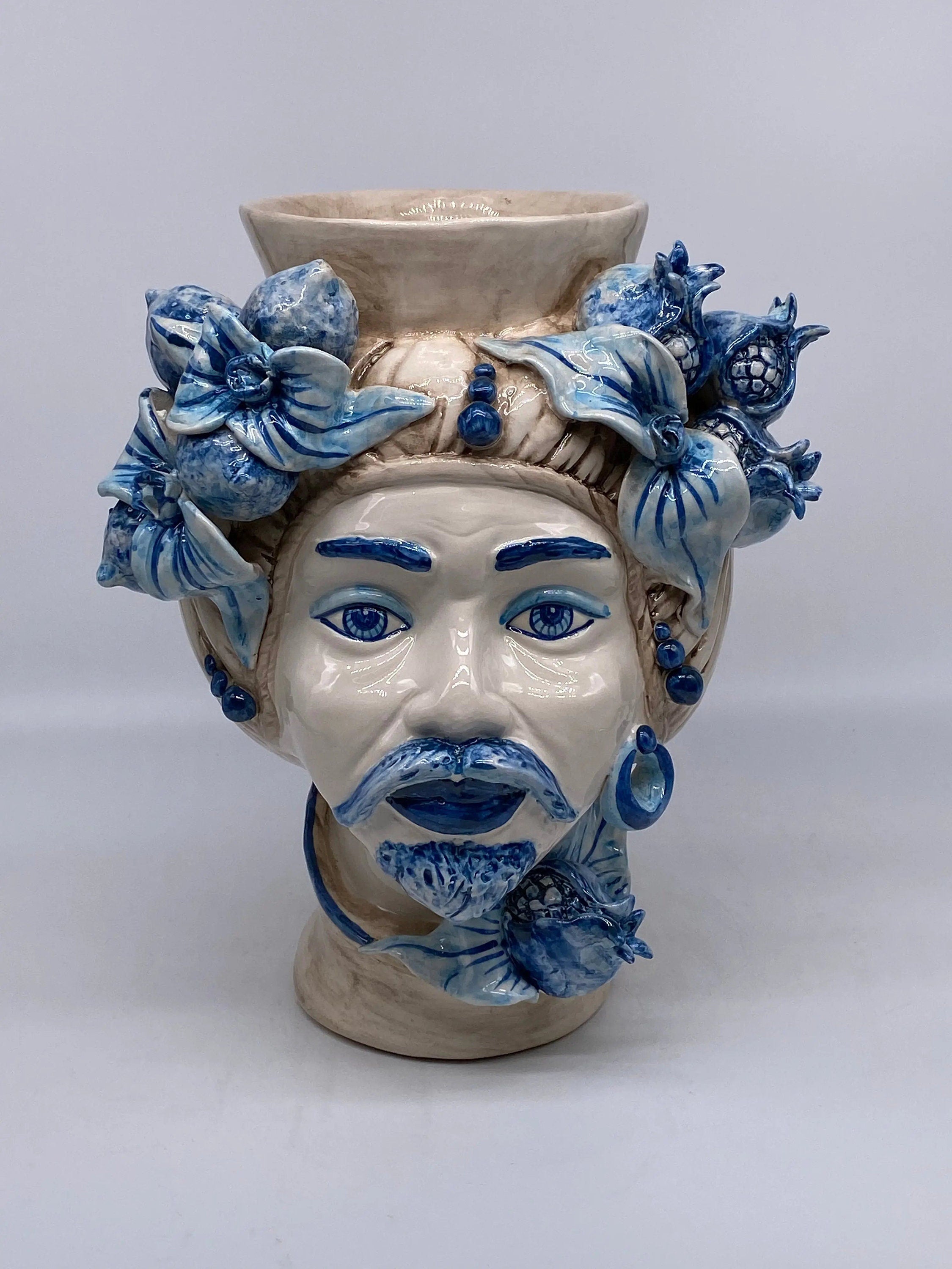 Teste di Moro Mediterraneo Ceramica Caltagirone cm H.29 L.22 Artigianale Bicolore Blu DD CERAMICHE SICILIANE