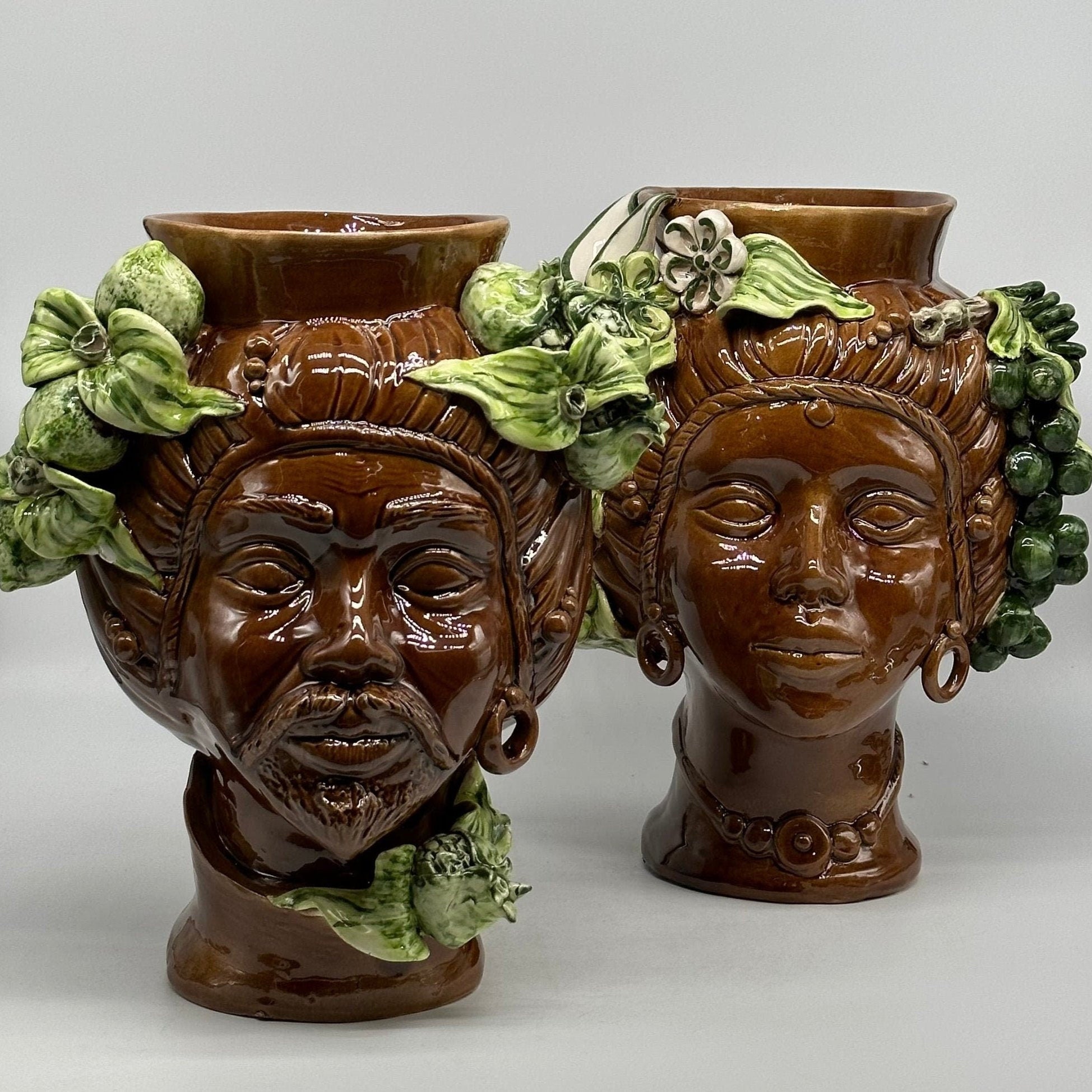 Teste di Moro Mediterraneo Ceramica Caltagirone cm H.29 L.22 Artigianale Marrone Verde - DD CERAMICHE SICILIANE