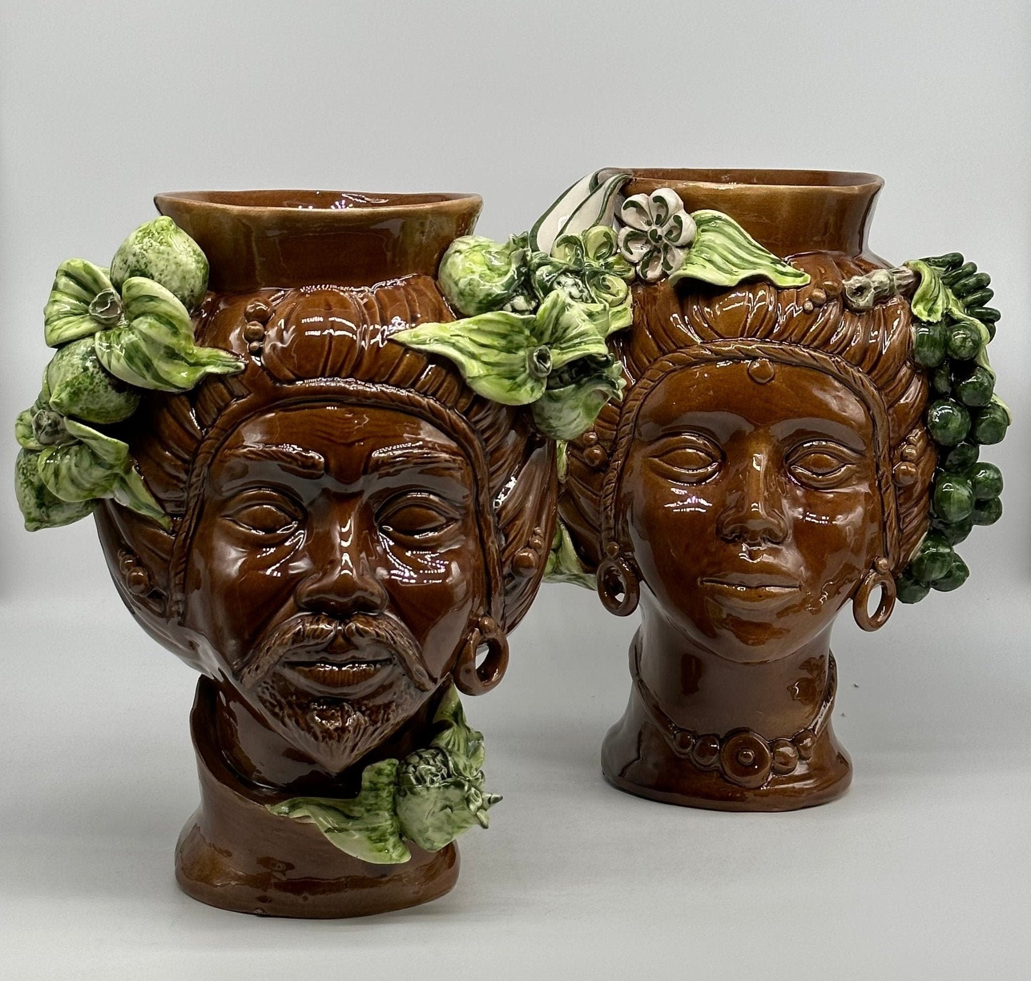 Teste di Moro Mediterraneo Ceramica Caltagirone cm H.29 L.22 Artigianale Marrone Verde - DD CERAMICHE SICILIANE