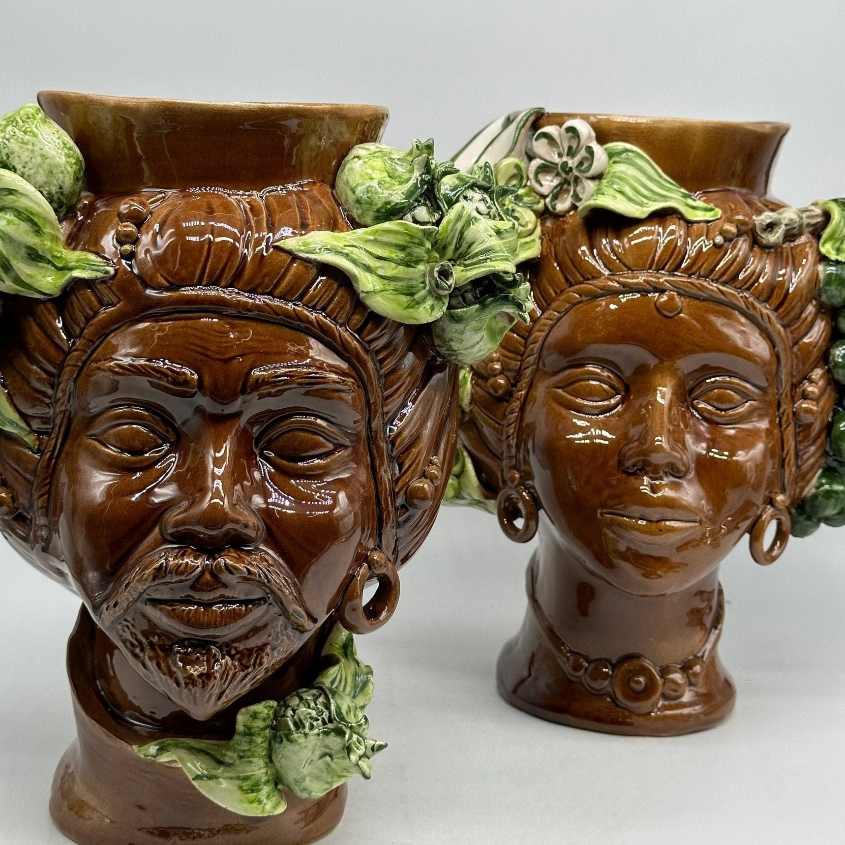 Teste di Moro Mediterraneo Ceramica Caltagirone cm H.29 L.22 Artigianale Marrone Verde - DD CERAMICHE SICILIANE