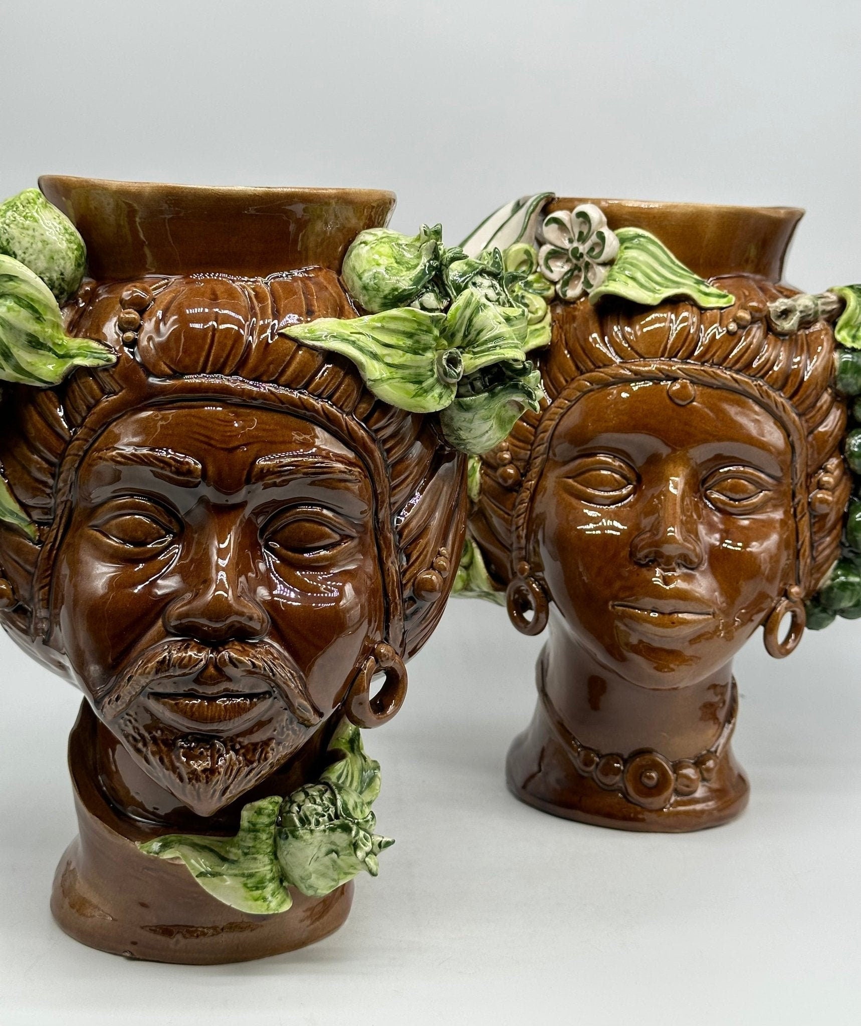 Teste di Moro Mediterraneo Ceramica Caltagirone cm H.29 L.22 Artigianale Marrone Verde - DD CERAMICHE SICILIANE