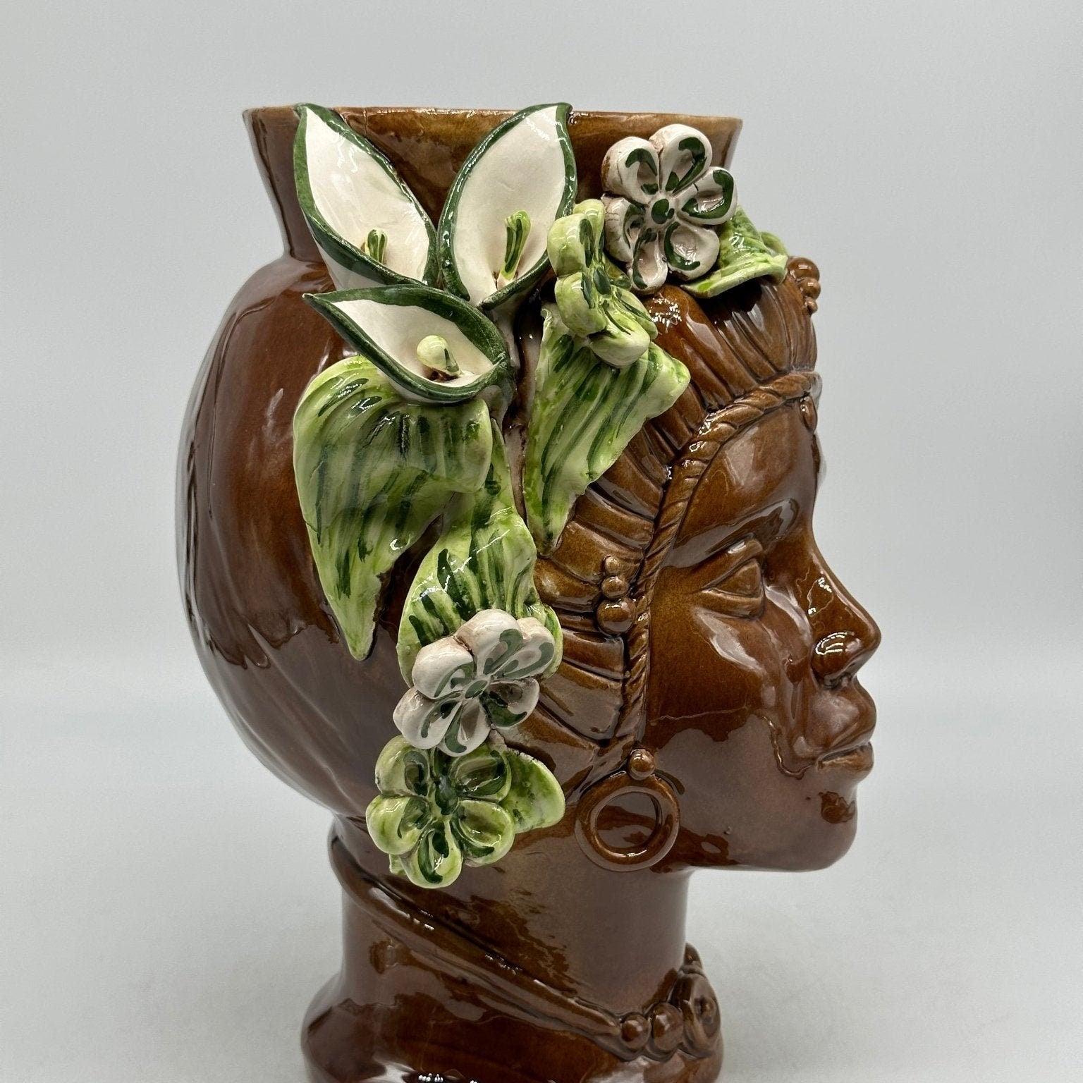 Teste di Moro Mediterraneo Ceramica Caltagirone cm H.29 L.22 Artigianale Marrone Verde - DD CERAMICHE SICILIANE