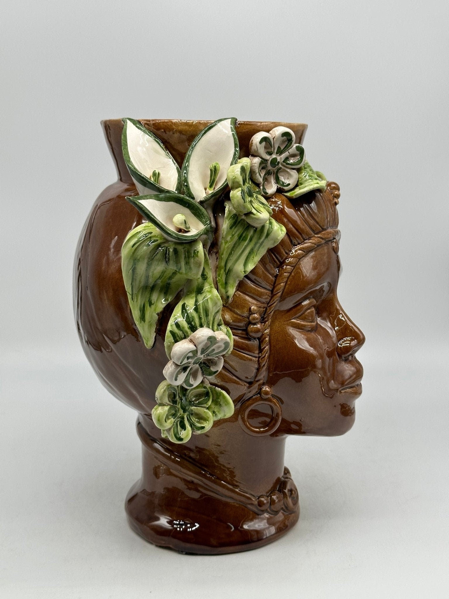 Teste di Moro Mediterraneo Ceramica Caltagirone cm H.29 L.22 Artigianale Marrone Verde - DD CERAMICHE SICILIANE