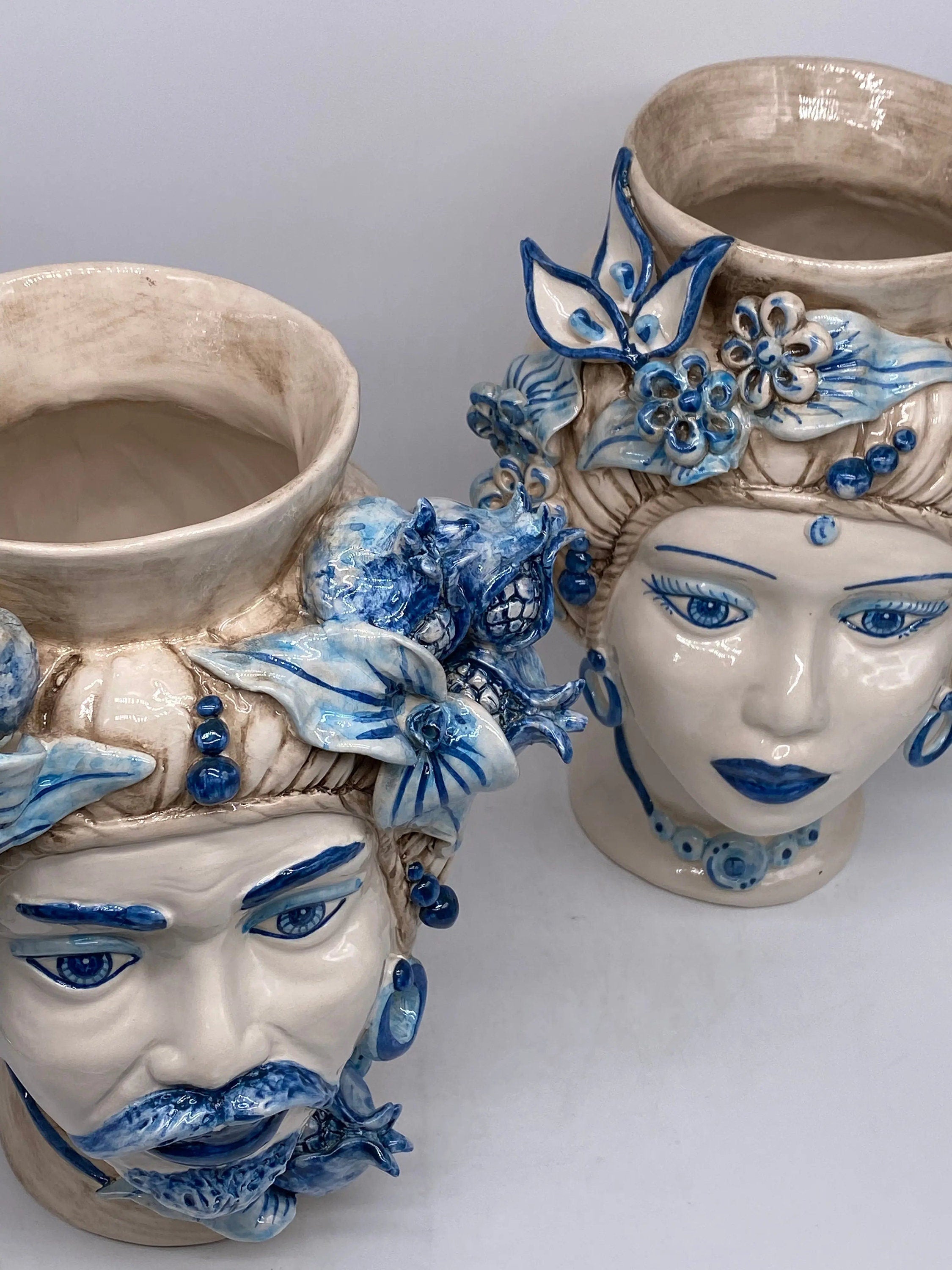 Teste di Moro Mediterraneo Ceramica Caltagirone cm H.29 L.22 Artigianale Bicolore Blu DD CERAMICHE SICILIANE