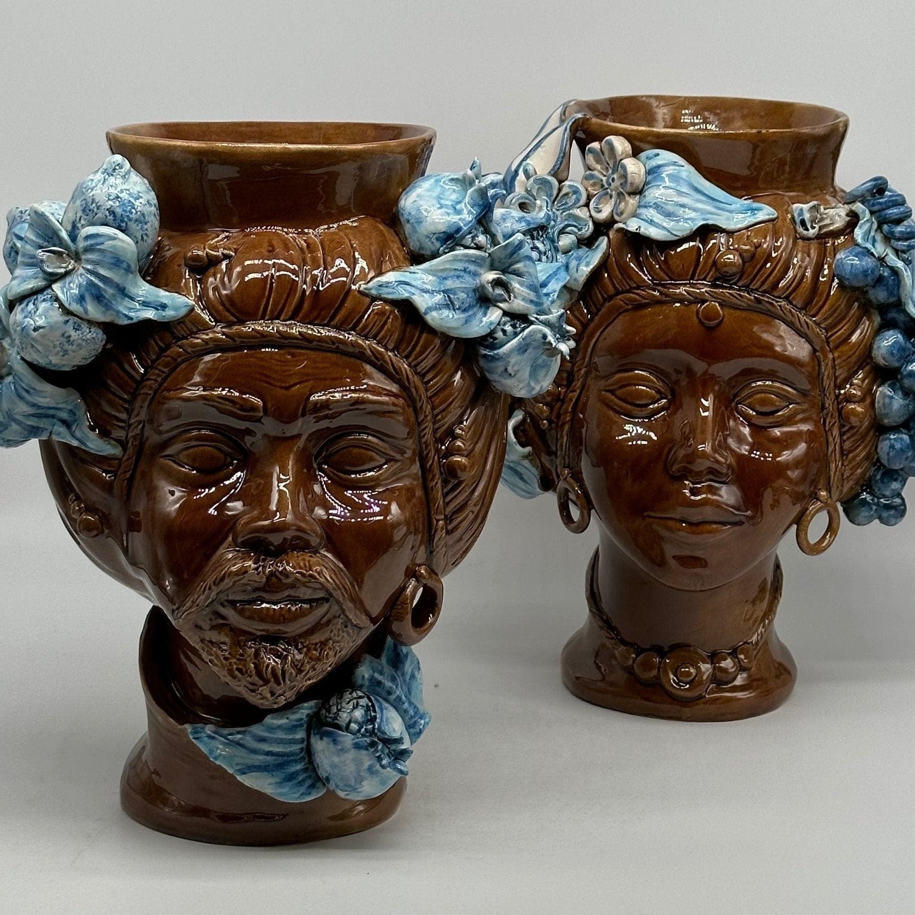 Teste di Moro Mediterraneo Ceramica Caltagirone cm H.29 L.22 Artigianale Marrone Azzurro - DD CERAMICHE SICILIANE
