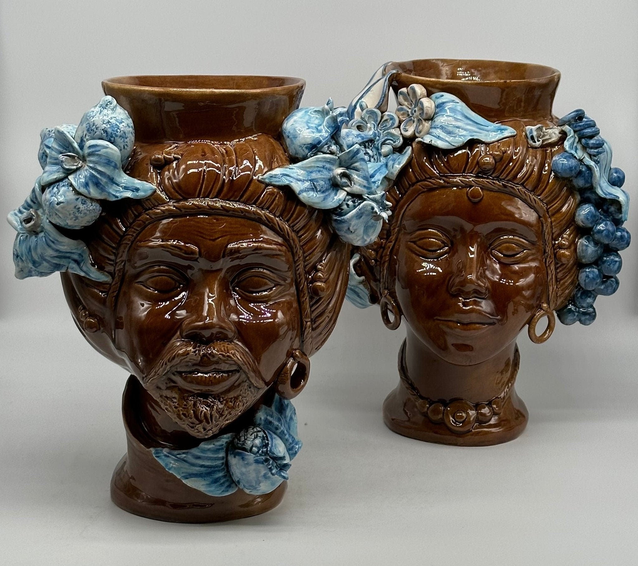Teste di Moro Mediterraneo Ceramica Caltagirone cm H.29 L.22 Artigianale Marrone Azzurro - DD CERAMICHE SICILIANE