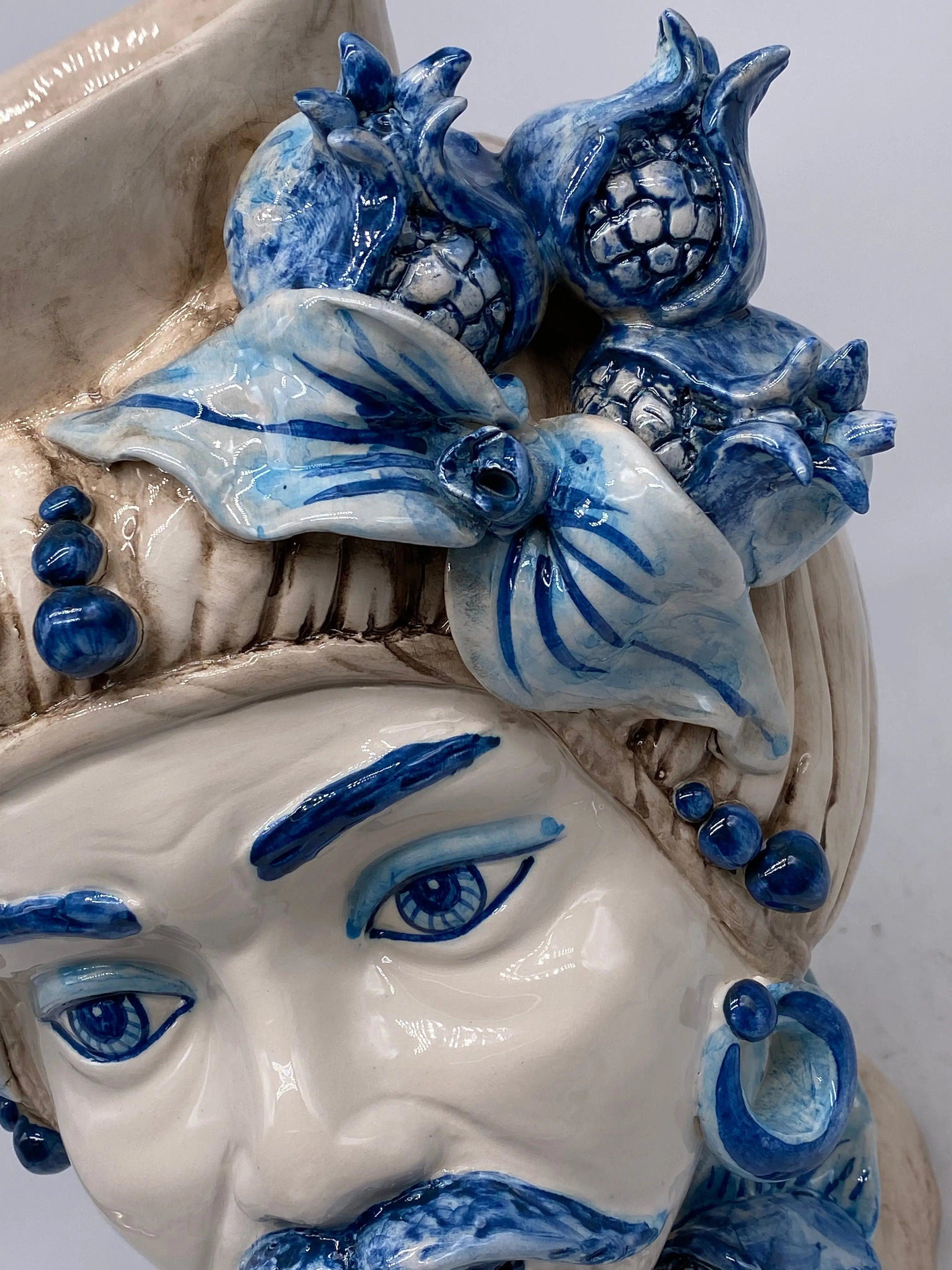 Teste di Moro Mediterraneo Ceramica Caltagirone cm H.29 L.22 Artigianale Bicolore Blu DD CERAMICHE SICILIANE