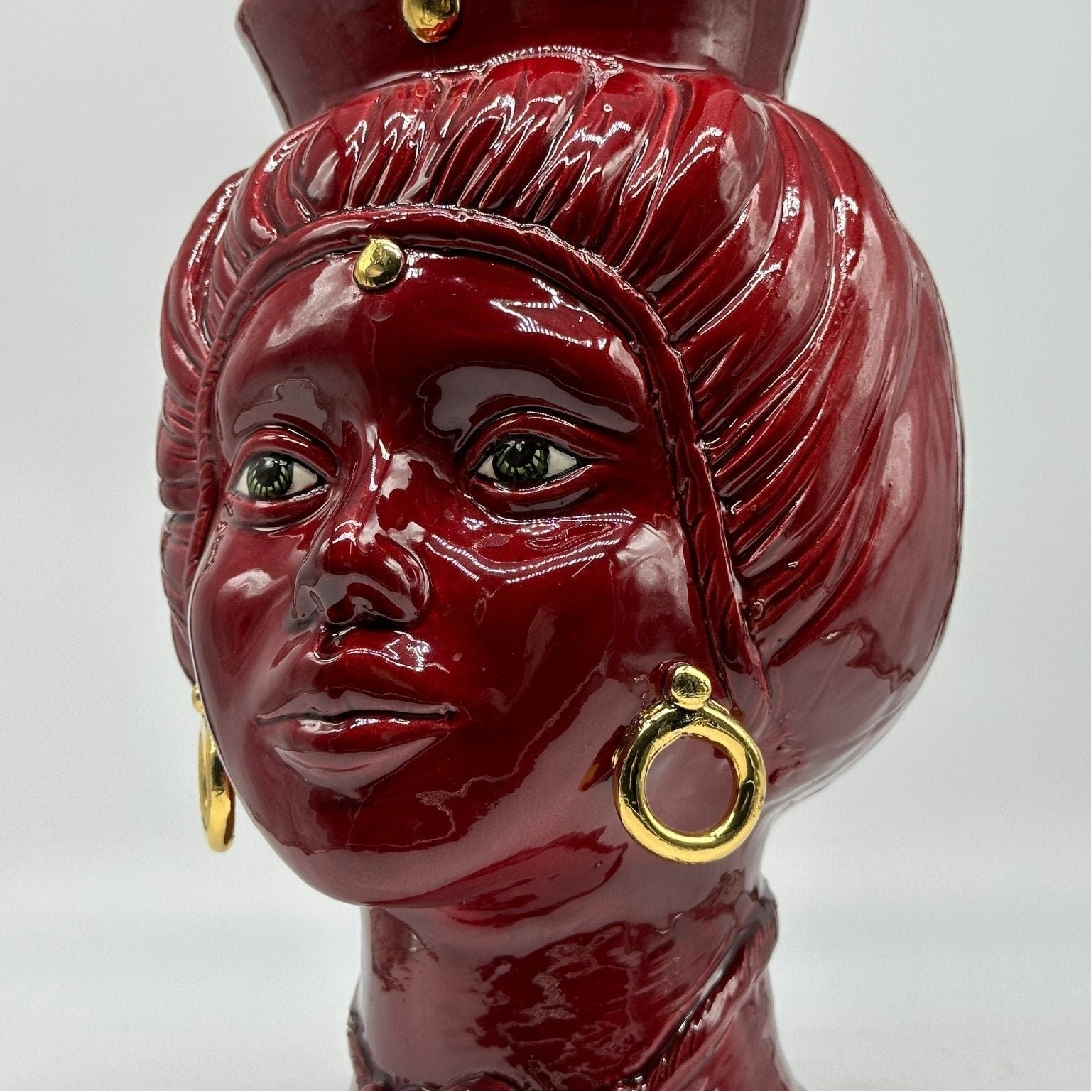 Teste di Moro Mediterraneo Ceramica Caltagirone cm H.29 L.22 Artigianale Bordeaux Oro - DD CERAMICHE SICILIANE